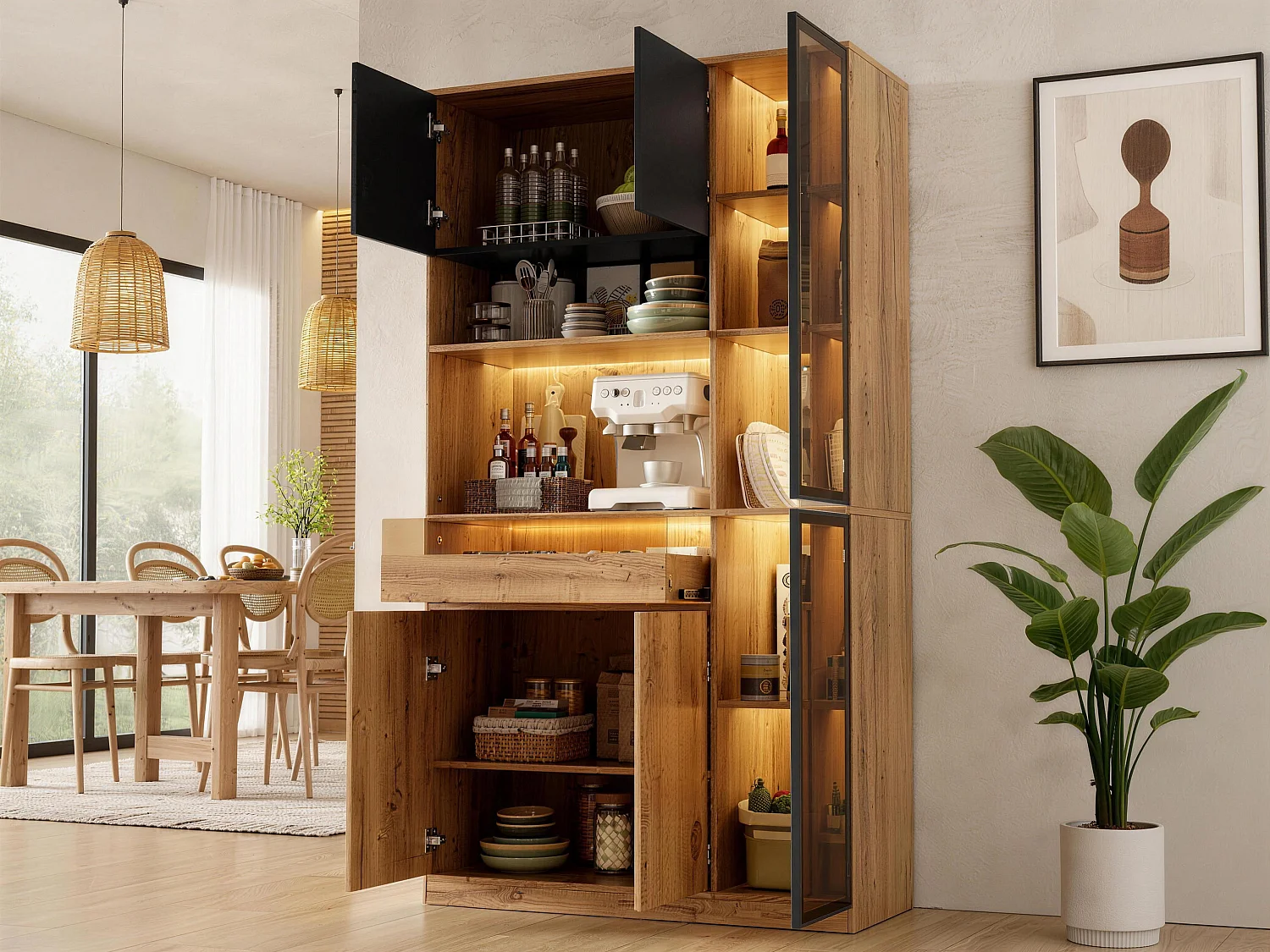 Buffet de cuisine 100x40x180cm - avec 6 portes et 1 tiroir - avec éclairage LED - Noir + Naturel
