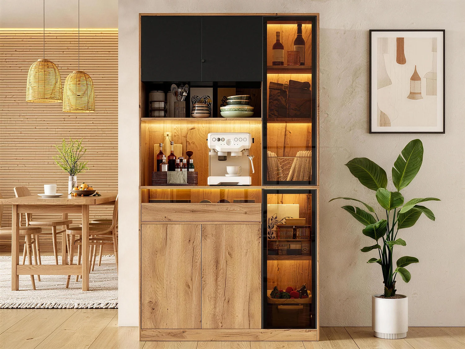 Buffet de cuisine 100x40x180cm - avec 6 portes et 1 tiroir - avec éclairage LED - Noir + Naturel