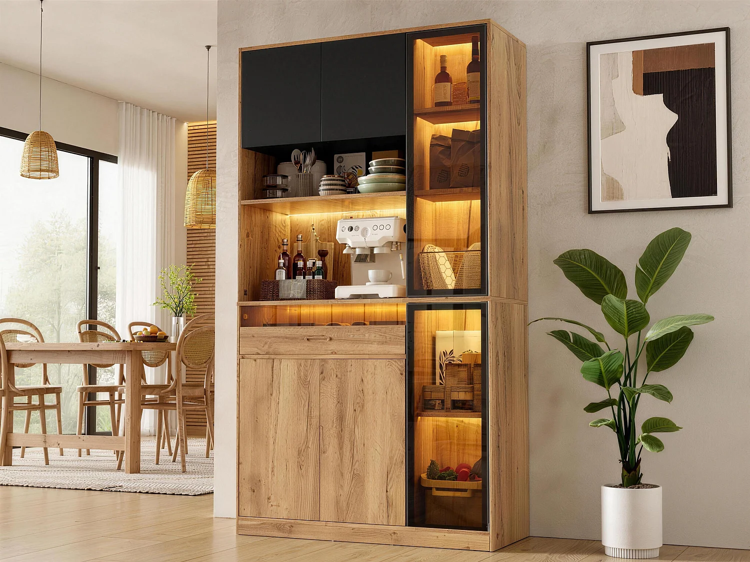 Buffet de cuisine 100x40x180cm - avec 6 portes et 1 tiroir - avec éclairage LED - Noir + Naturel