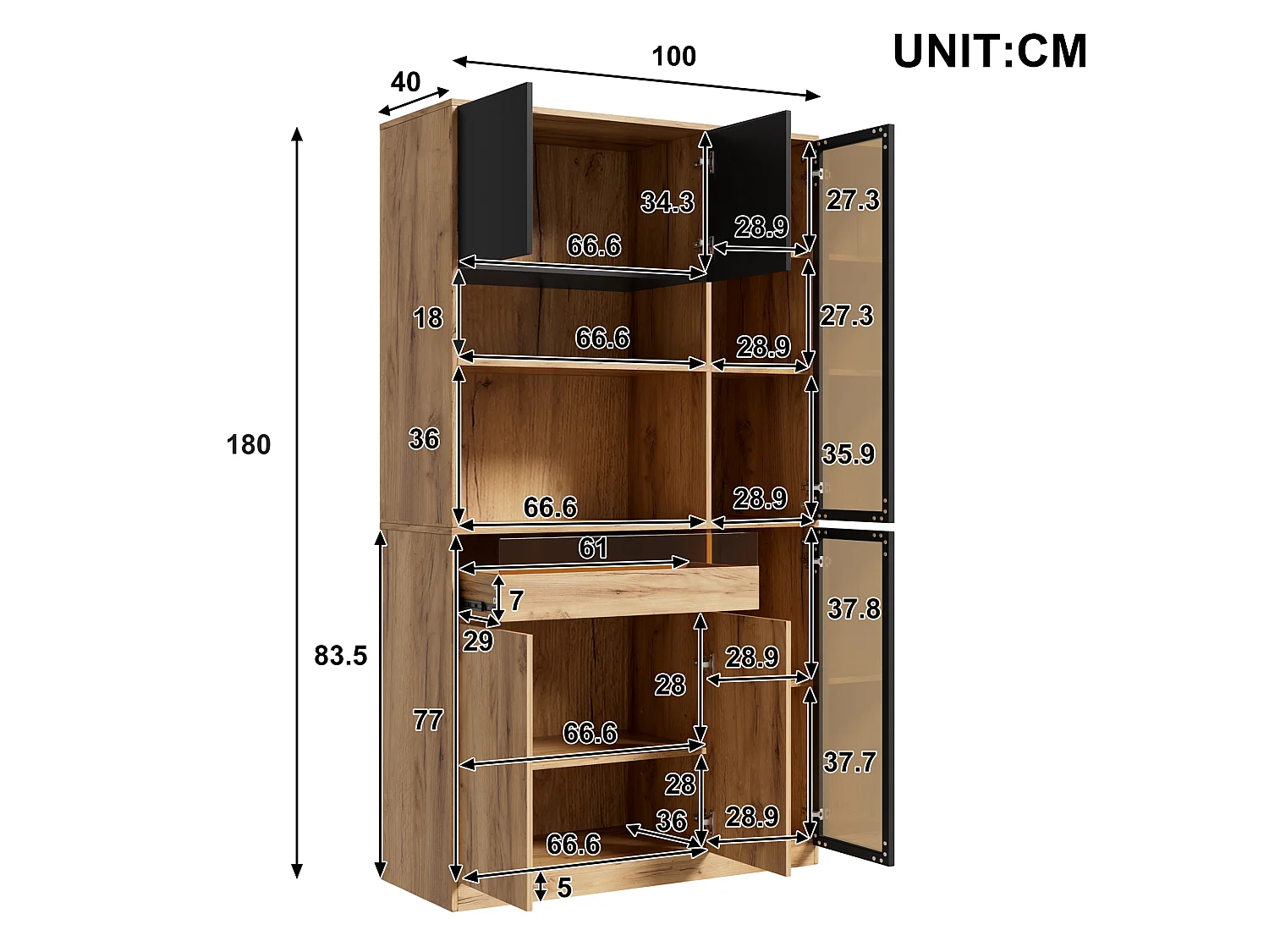 Buffet de cuisine 100x40x180cm - avec 6 portes et 1 tiroir - avec éclairage LED - Noir + Naturel