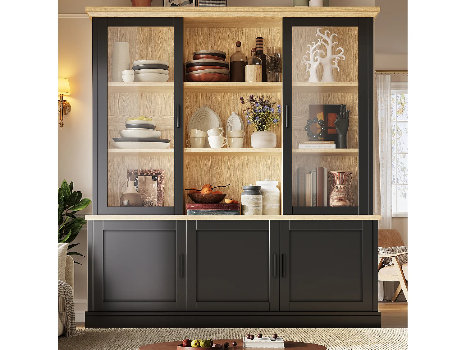 Buffet Haut de Cuisine 140cm - Grand Meuble de Rangement Combiné avec Vitrine Supérieure, Étagères Réglables, Sécurité Anti-Basculement - Noir
