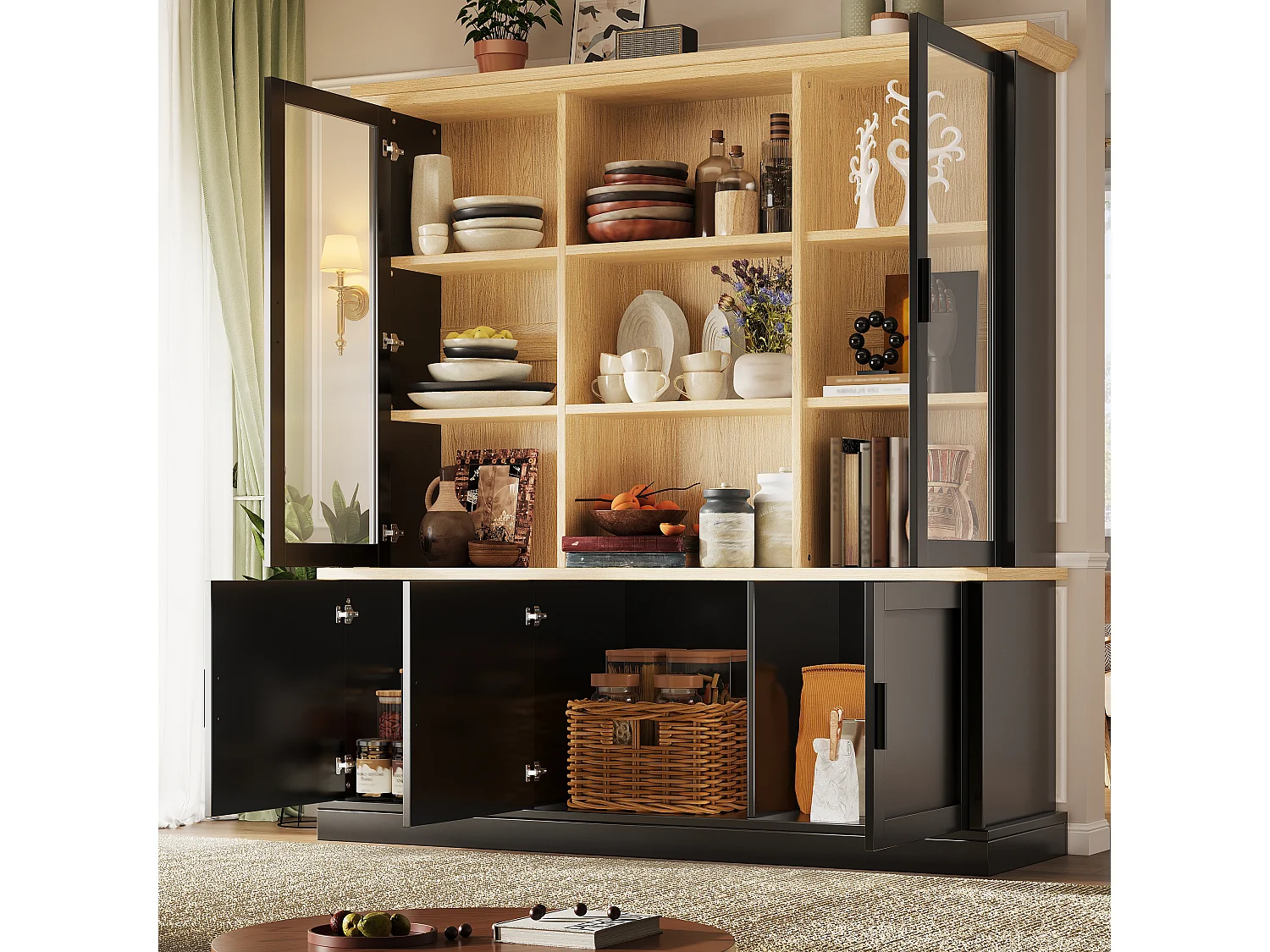 Buffet Haut de Cuisine 140cm - Grand Meuble de Rangement Combiné avec Vitrine Supérieure, Étagères Réglables, Sécurité Anti-Basculement - Noir
