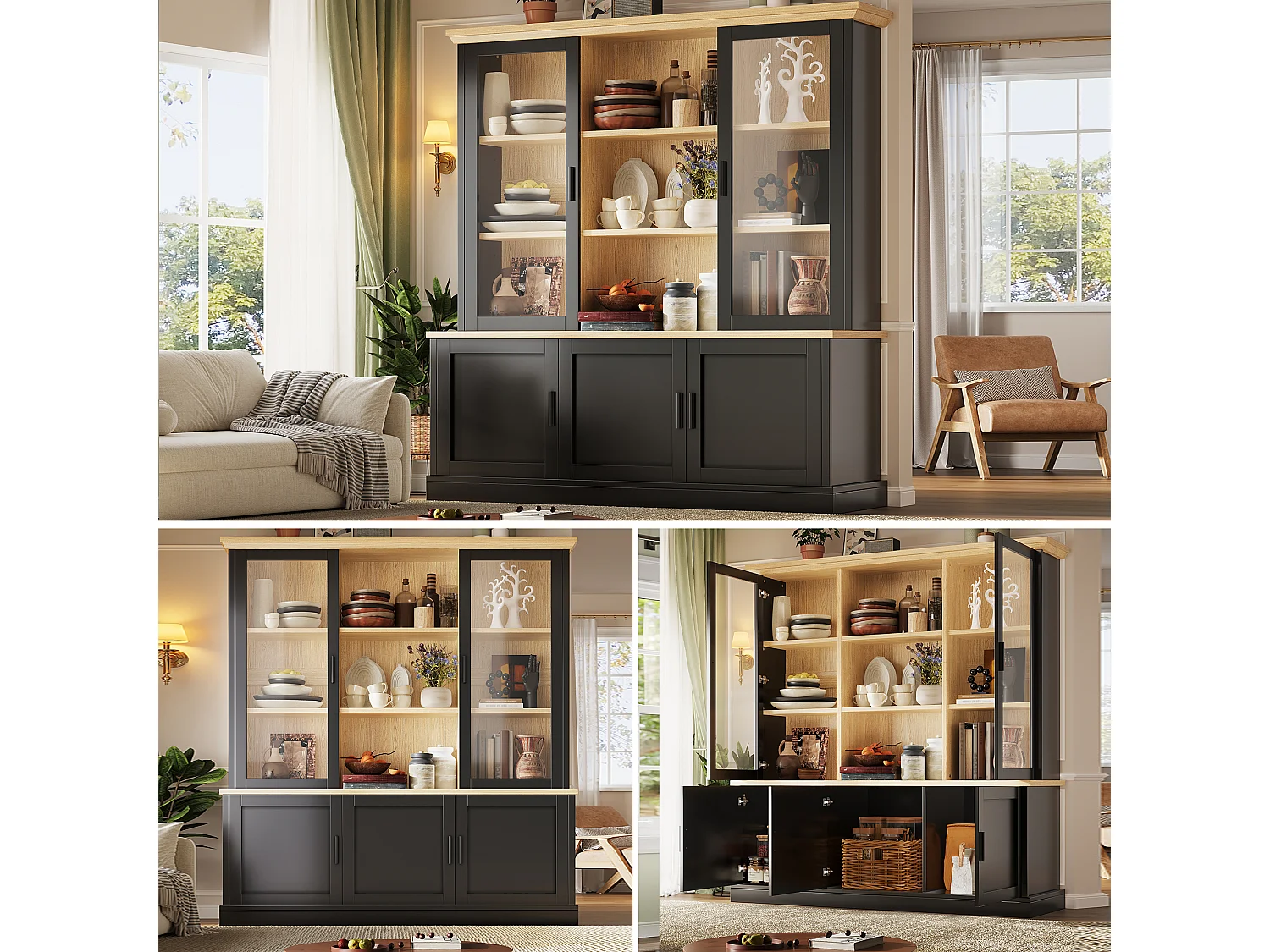 Buffet Haut de Cuisine 140cm - Grand Meuble de Rangement Combiné avec Vitrine Supérieure, Étagères Réglables, Sécurité Anti-Basculement - Noir