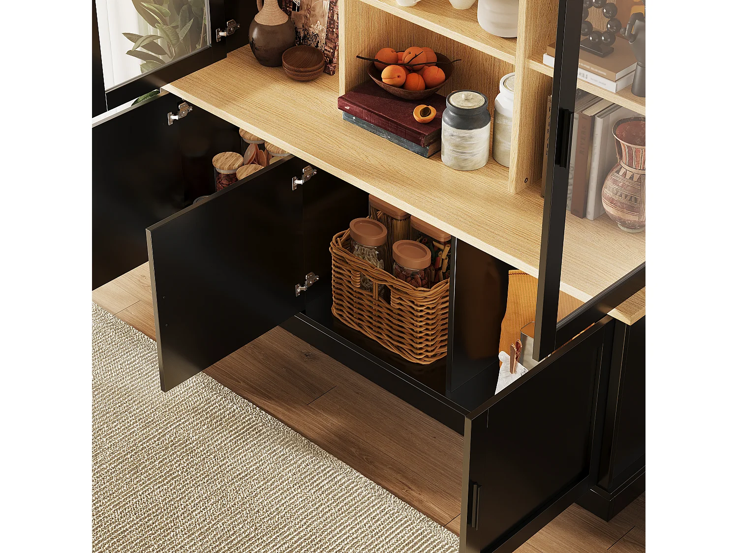 Buffet Haut de Cuisine 140cm - Grand Meuble de Rangement Combiné avec Vitrine Supérieure, Étagères Réglables, Sécurité Anti-Basculement - Noir