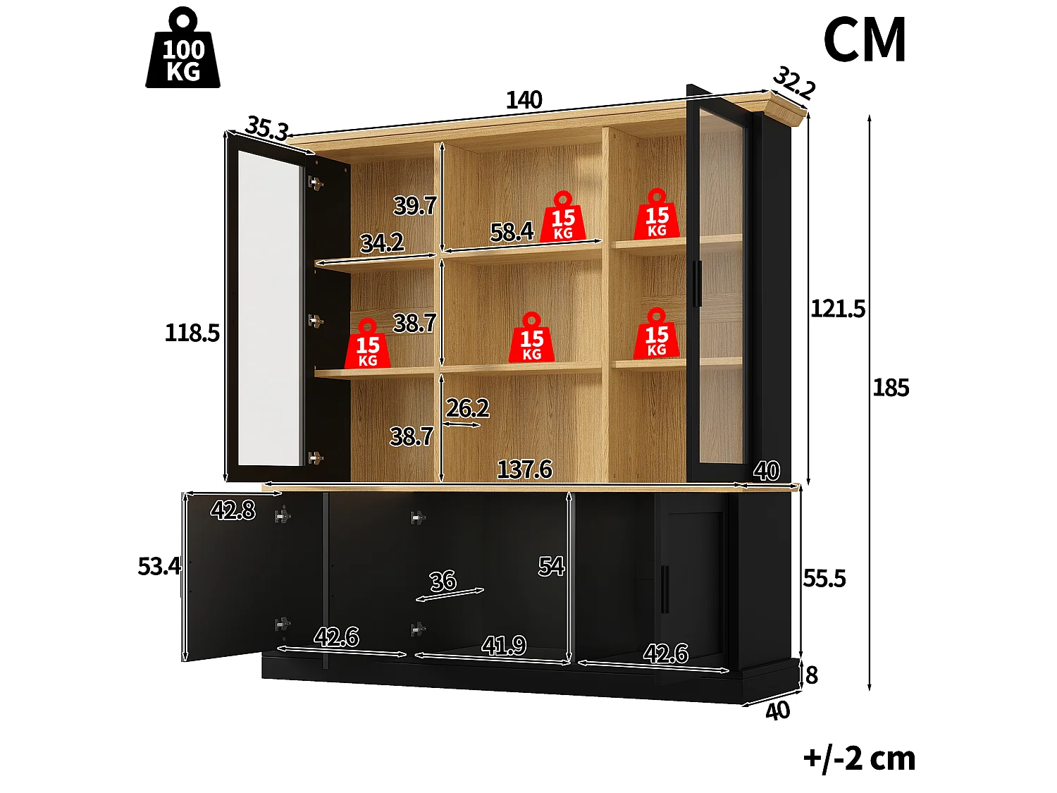 Buffet Haut de Cuisine 140cm - Grand Meuble de Rangement Combiné avec Vitrine Supérieure, Étagères Réglables, Sécurité Anti-Basculement - Noir