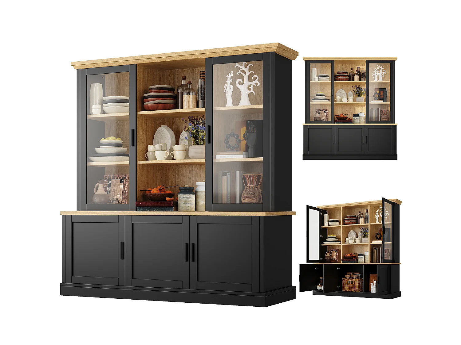 Buffet Haut de Cuisine 140cm - Grand Meuble de Rangement Combiné avec Vitrine Supérieure, Étagères Réglables, Sécurité Anti-Basculement - Noir