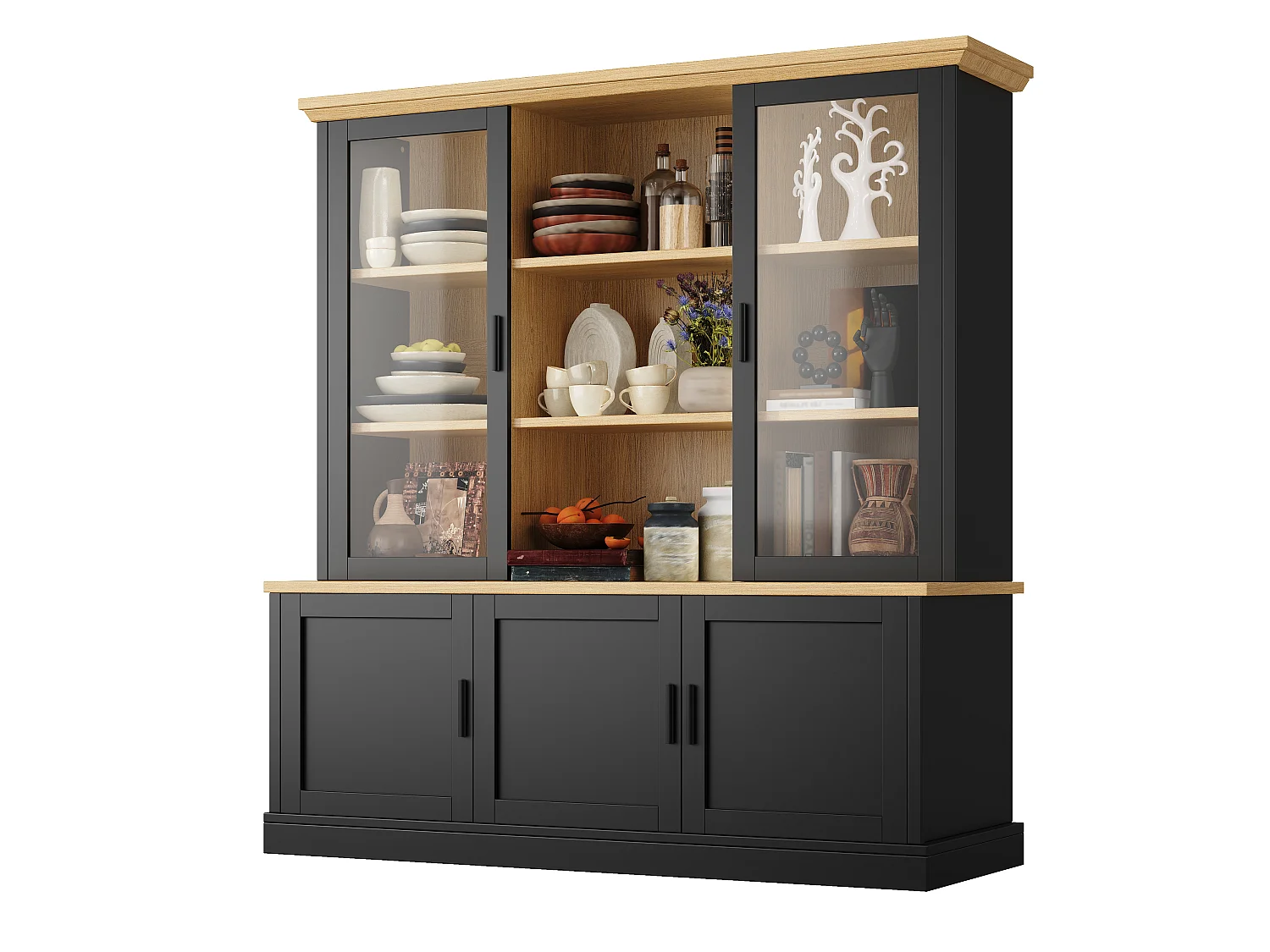 Buffet Haut de Cuisine 140cm - Grand Meuble de Rangement Combiné avec Vitrine Supérieure, Étagères Réglables, Sécurité Anti-Basculement - Noir