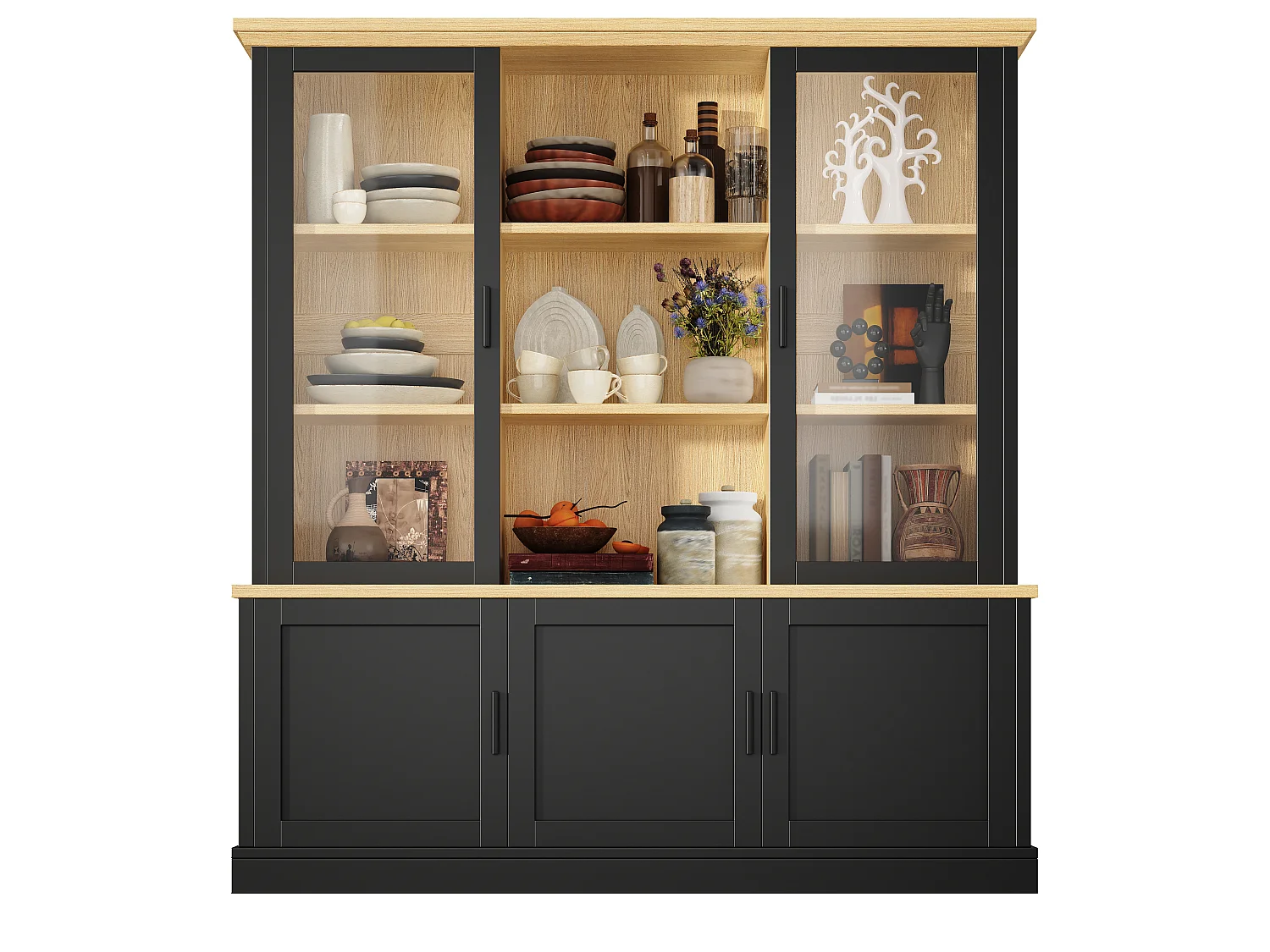 Buffet Haut de Cuisine 140cm - Grand Meuble de Rangement Combiné avec Vitrine Supérieure, Étagères Réglables, Sécurité Anti-Basculement - Noir