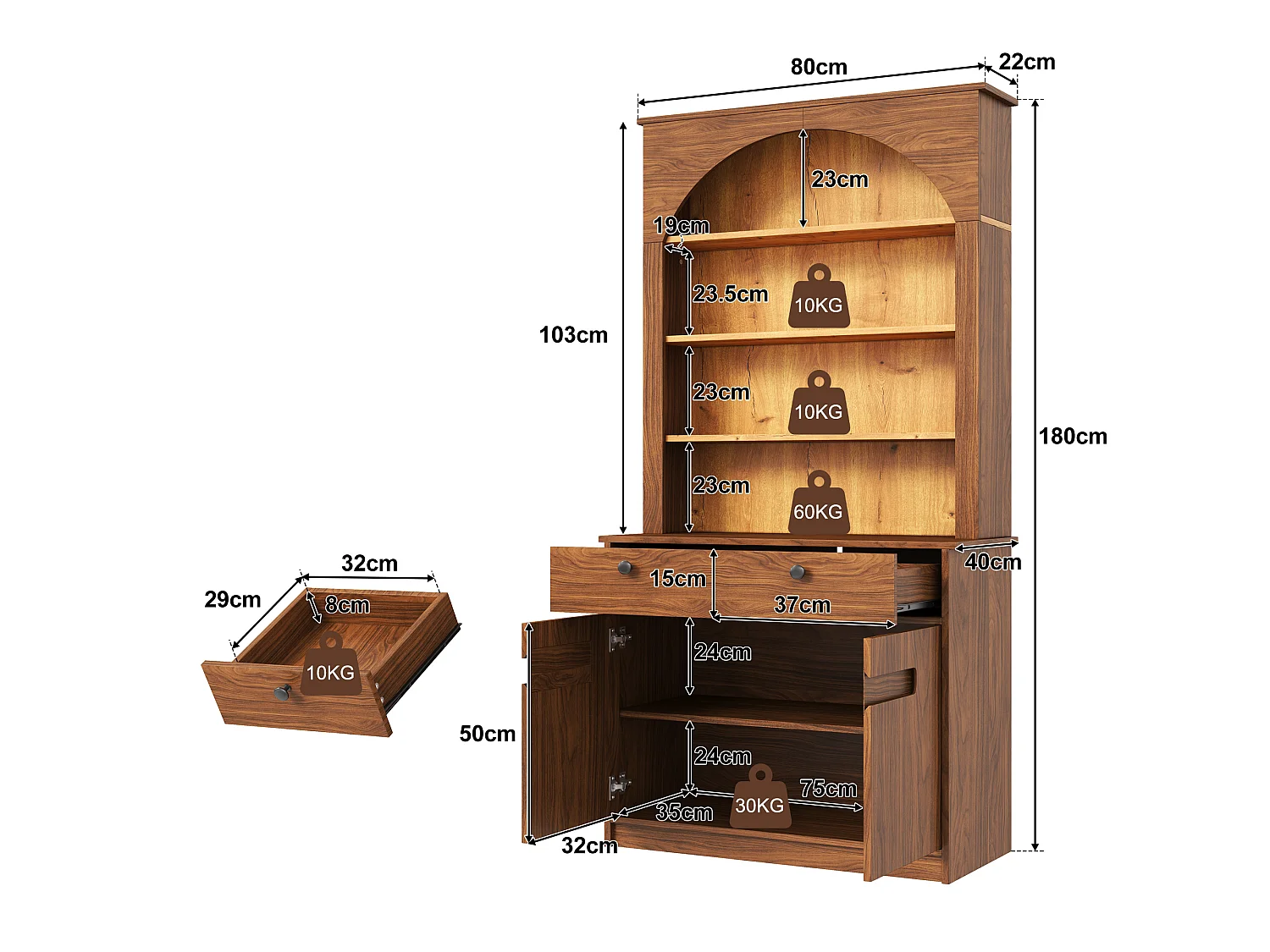 Bufet kuchenny 80x40x180cm - z 2 drzwiami i 2 szufladami - z regulowanymi półkami - Brązowy
