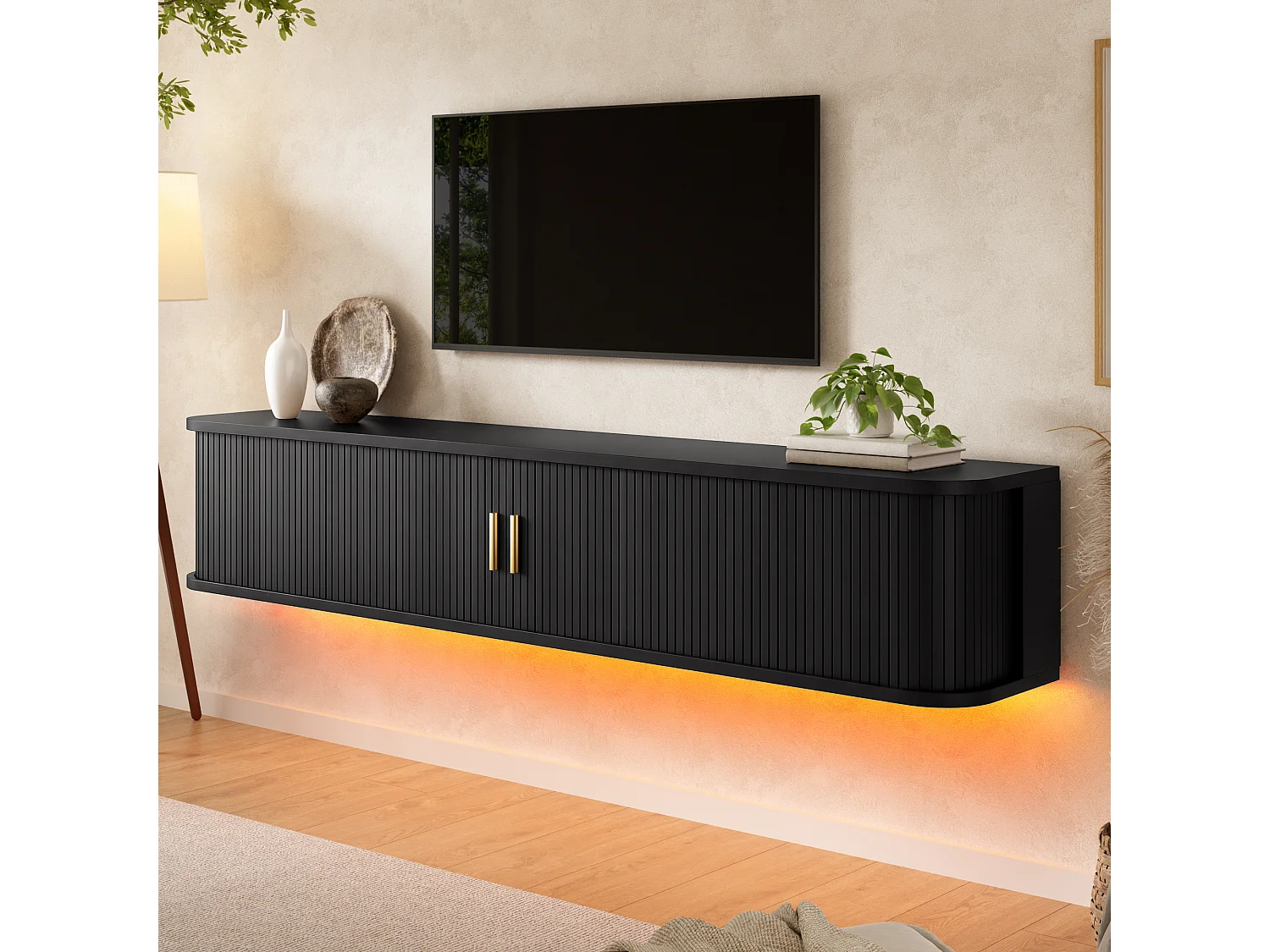 Meuble TV mural 175x30x30 cm - 2 portes et 1 tiroir - Motif à rayures verticales - Éclairage LED contrôlé par app - MDF - Noir