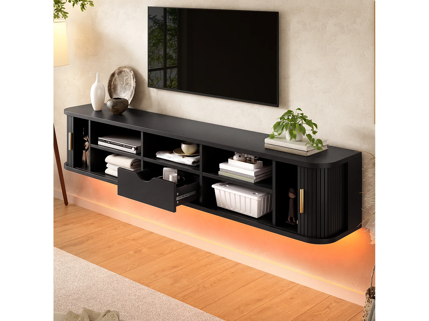 Meuble TV mural 175x30x30 cm - 2 portes et 1 tiroir - Motif à rayures verticales - Éclairage LED contrôlé par app - MDF - Noir
