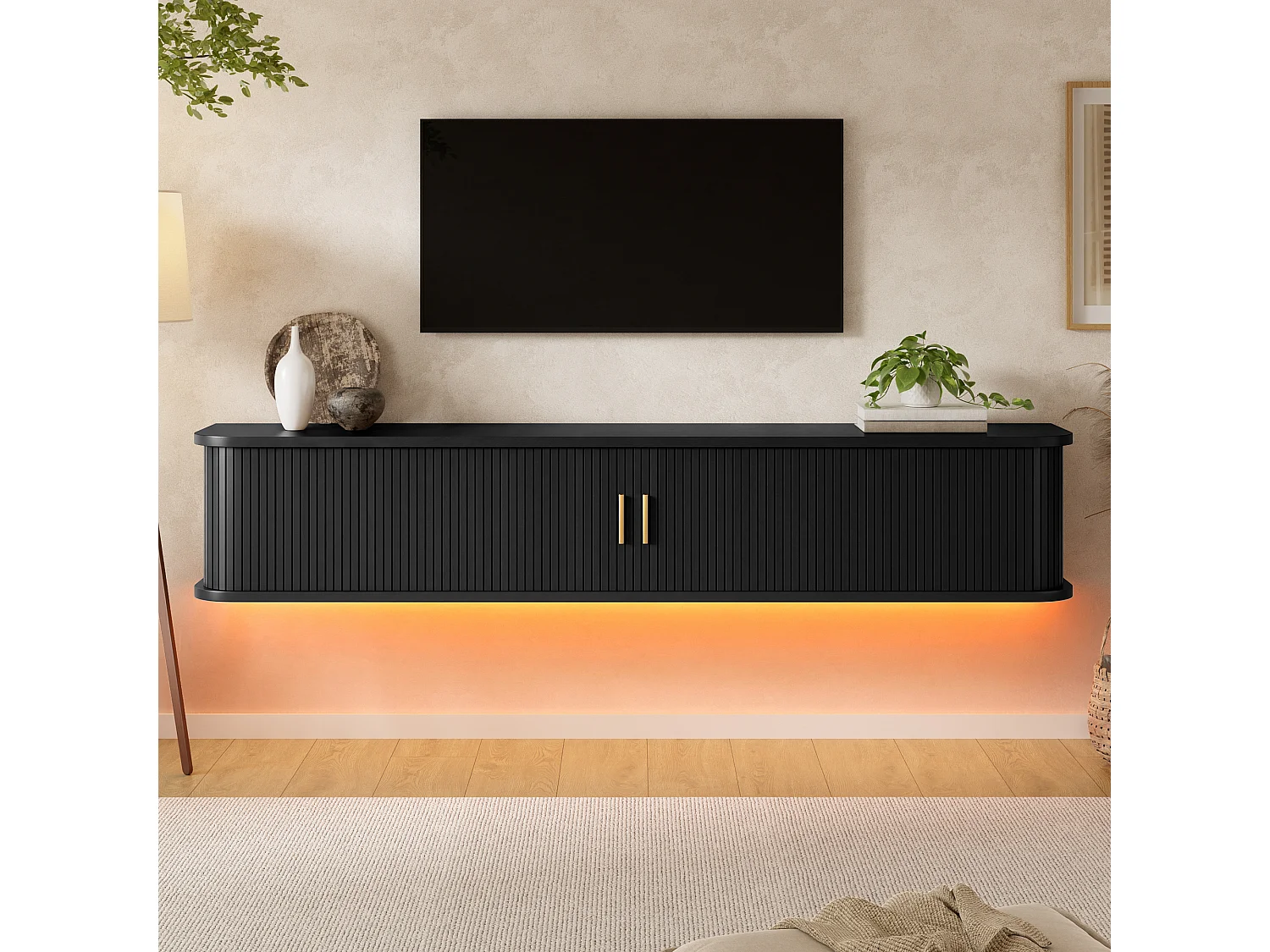 Meuble TV mural 175x30x30 cm - 2 portes et 1 tiroir - Motif à rayures verticales - Éclairage LED contrôlé par app - MDF - Noir