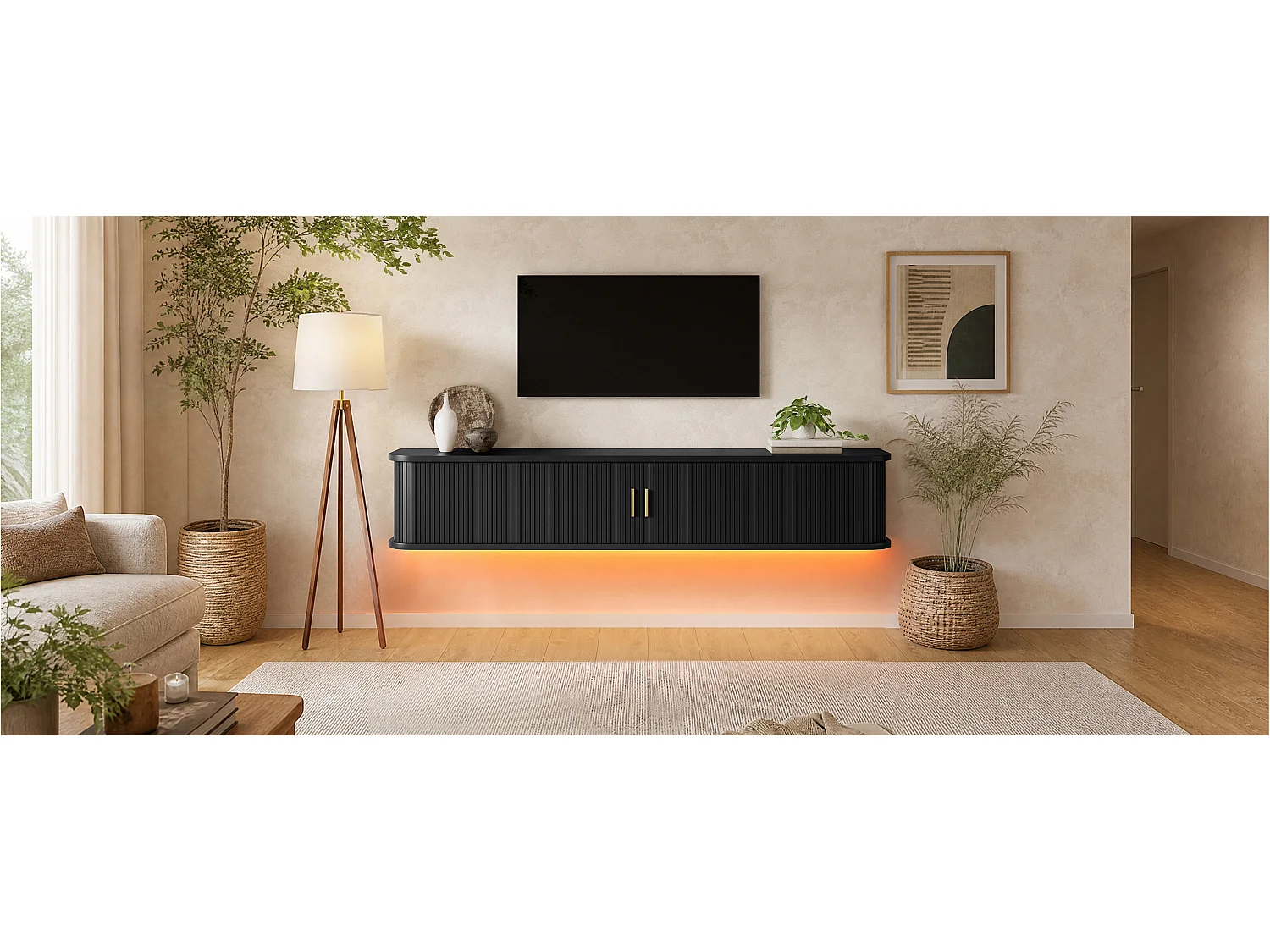 Meuble TV mural 175x30x30 cm - 2 portes et 1 tiroir - Motif à rayures verticales - Éclairage LED contrôlé par app - MDF - Noir