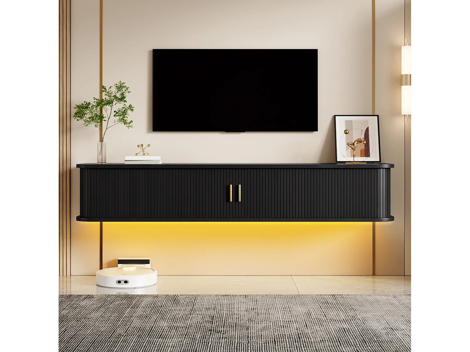 Meuble TV mural 175x30x30 cm - 2 portes et 1 tiroir - Motif à rayures verticales - Éclairage LED contrôlé par app - MDF - Noir