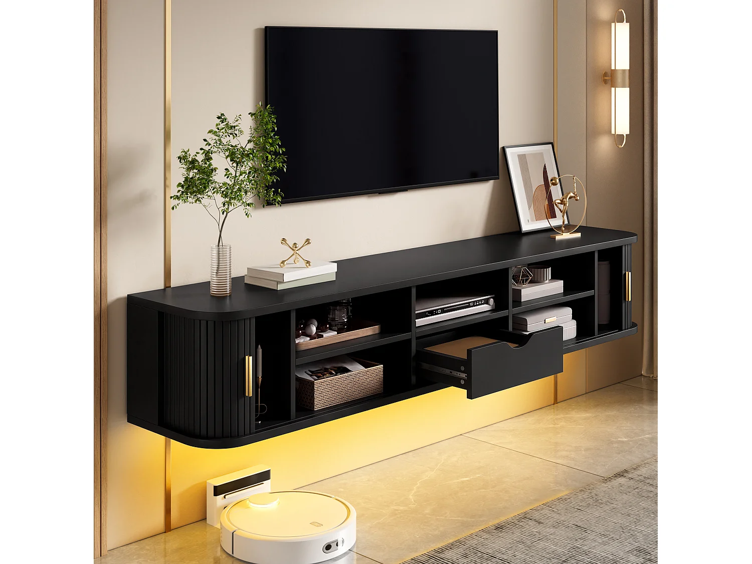 Meuble TV mural 175x30x30 cm - 2 portes et 1 tiroir - Motif à rayures verticales - Éclairage LED contrôlé par app - MDF - Noir