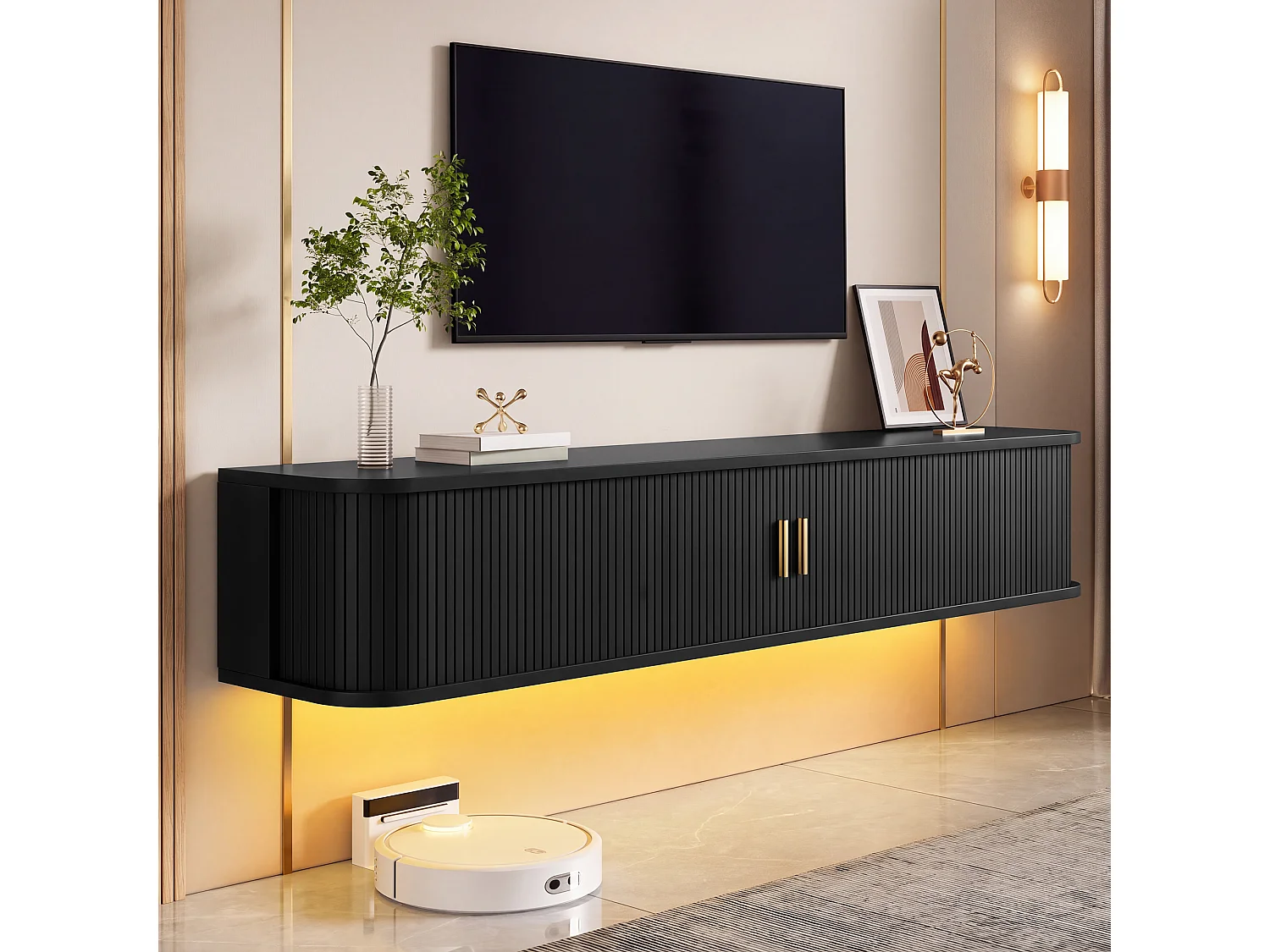 Meuble TV mural 175x30x30 cm - 2 portes et 1 tiroir - Motif à rayures verticales - Éclairage LED contrôlé par app - MDF - Noir