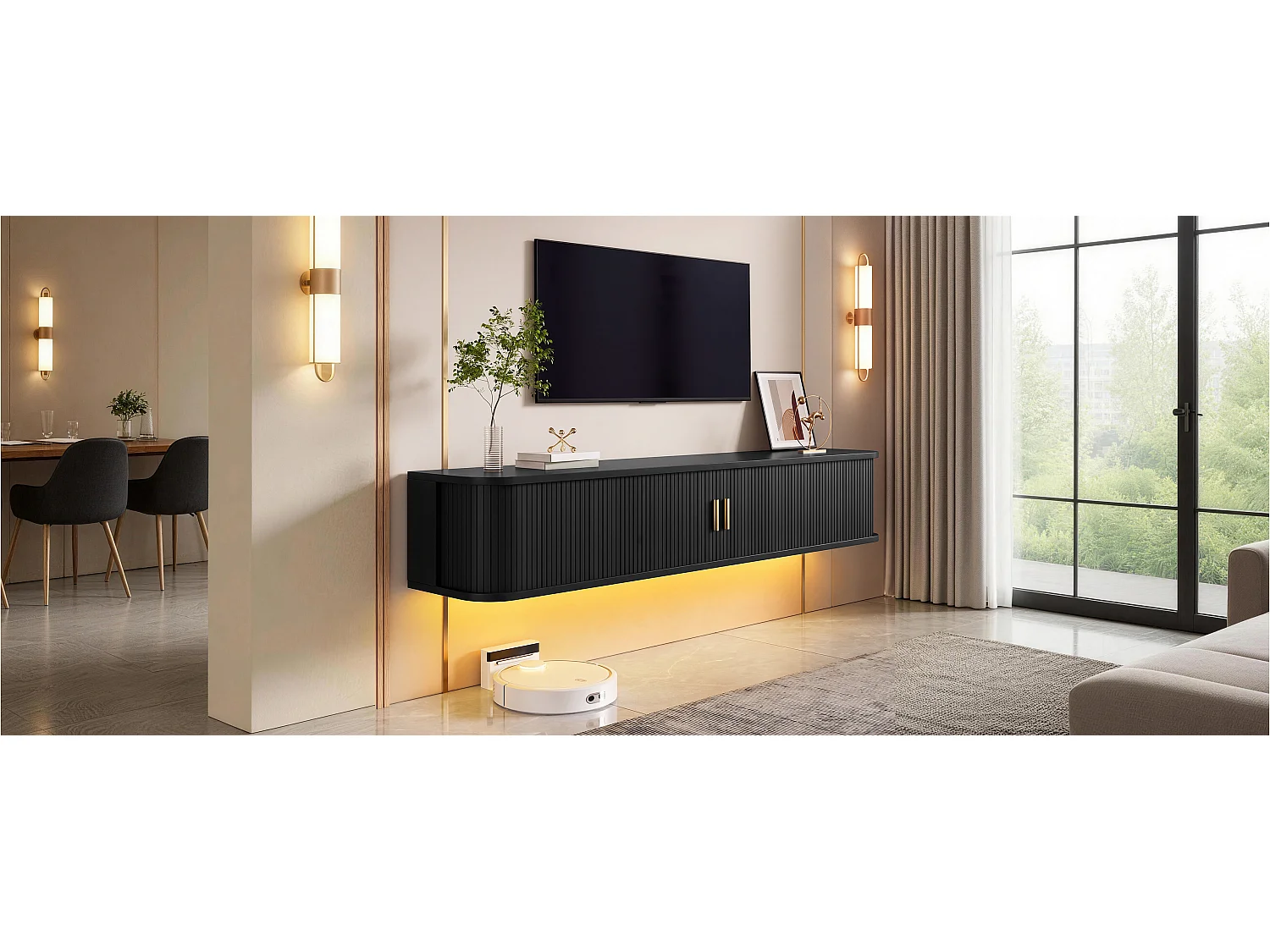 Meuble TV mural 175x30x30 cm - 2 portes et 1 tiroir - Motif à rayures verticales - Éclairage LED contrôlé par app - MDF - Noir