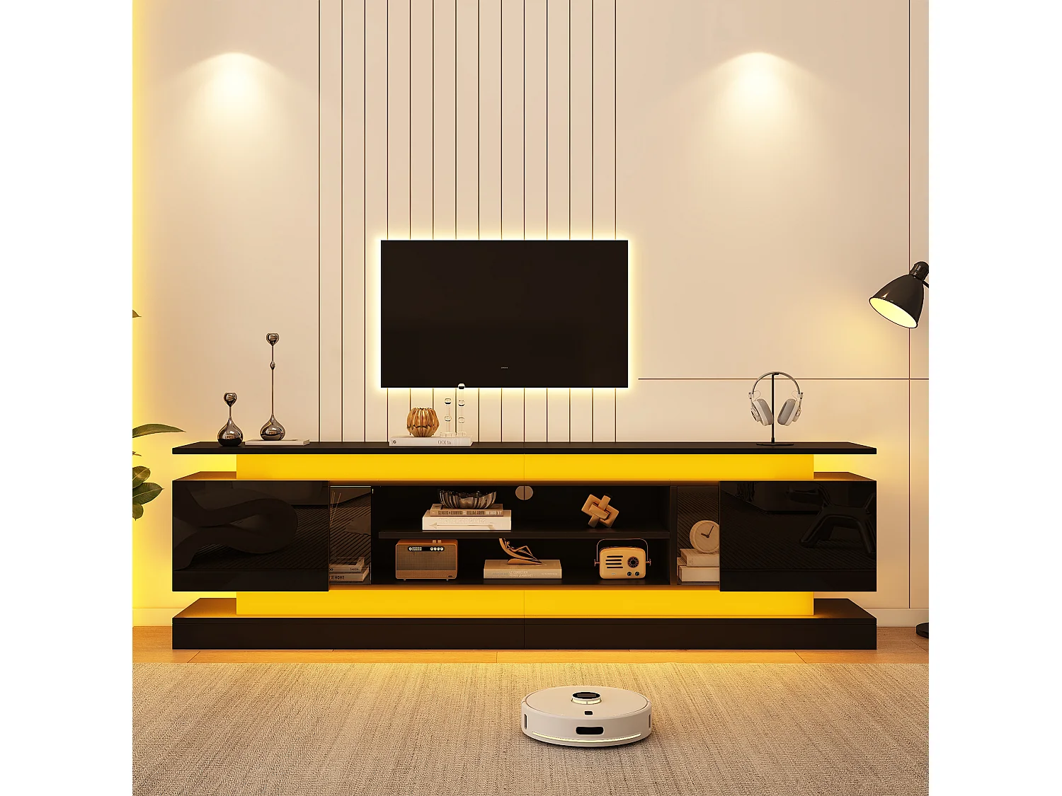 Meuble TV 180 x 35 x 60 cm - Finition brillante - 2 portes en acrylique - Bande LED Bluetooth - MDF - Noir