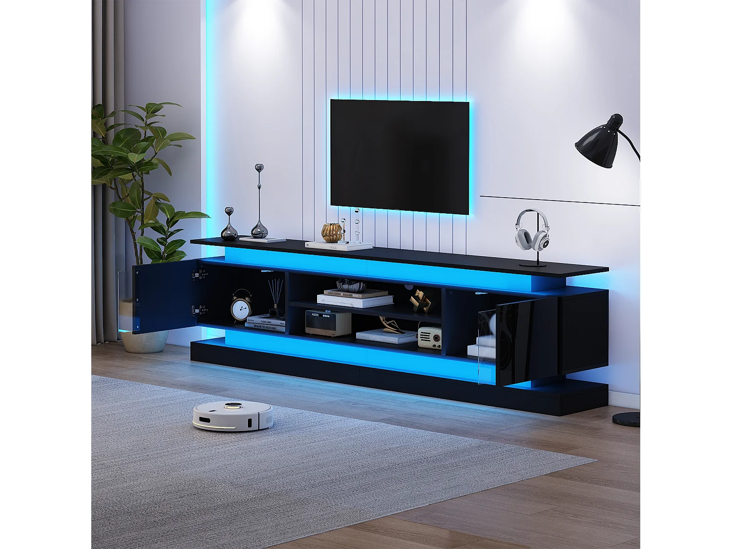 Meuble TV 180 x 35 x 60 cm - Finition brillante - 2 portes en acrylique - Bande LED Bluetooth - MDF - Noir
