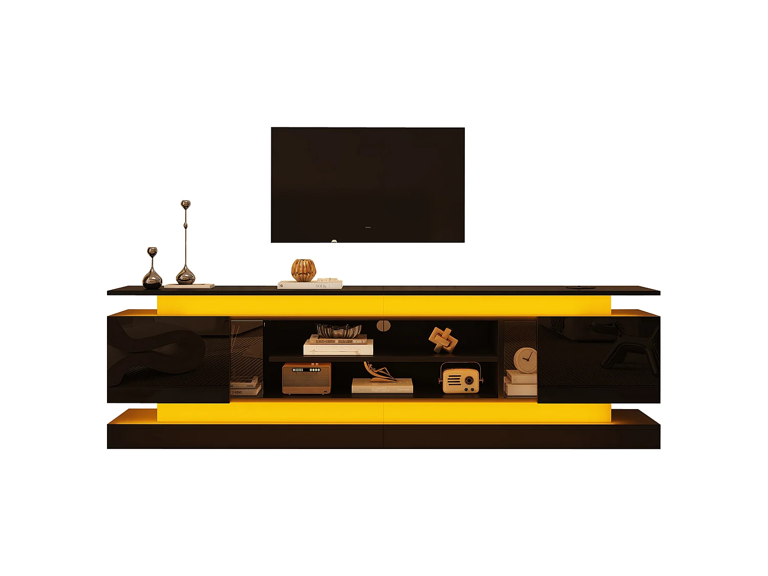 Meuble TV 180 x 35 x 60 cm - Finition brillante - 2 portes en acrylique - Bande LED Bluetooth - MDF - Noir