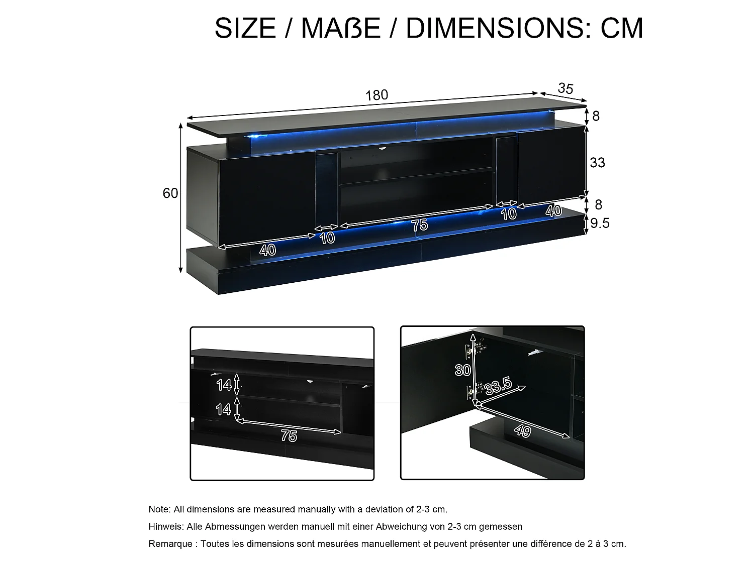 Meuble TV 180 x 35 x 60 cm - Finition brillante - 2 portes en acrylique - Bande LED Bluetooth - MDF - Noir