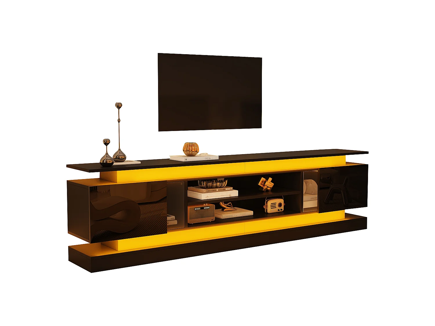 Meuble TV 180 x 35 x 60 cm - Finition brillante - 2 portes en acrylique - Bande LED Bluetooth - MDF - Noir