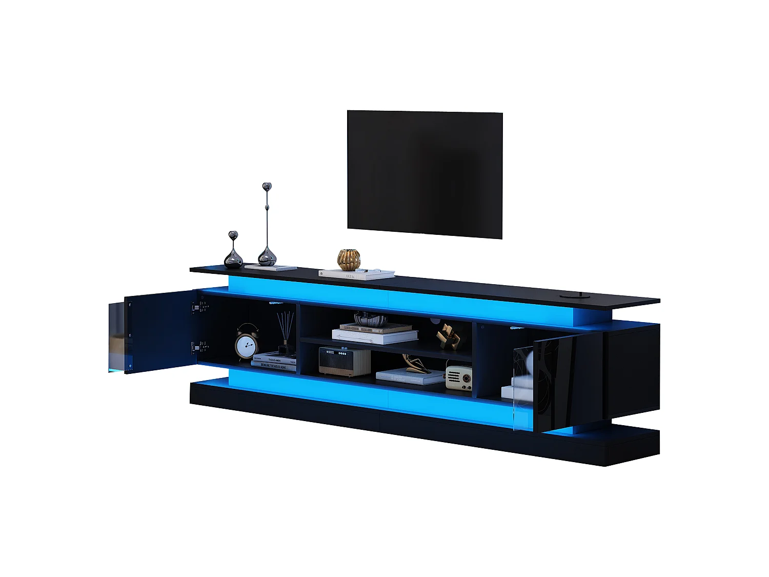 Meuble TV 180 x 35 x 60 cm - Finition brillante - 2 portes en acrylique - Bande LED Bluetooth - MDF - Noir