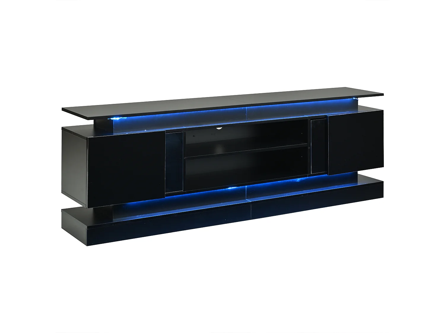 Meuble TV 180 x 35 x 60 cm - Finition brillante - 2 portes en acrylique - Bande LED Bluetooth - MDF - Noir