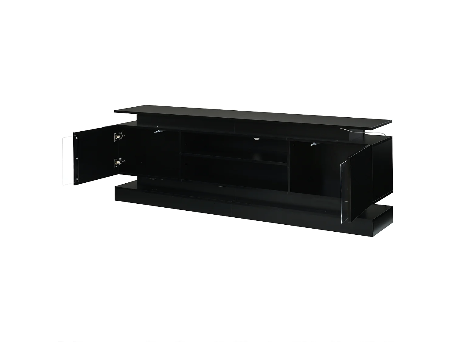 Meuble TV 180 x 35 x 60 cm - Finition brillante - 2 portes en acrylique - Bande LED Bluetooth - MDF - Noir