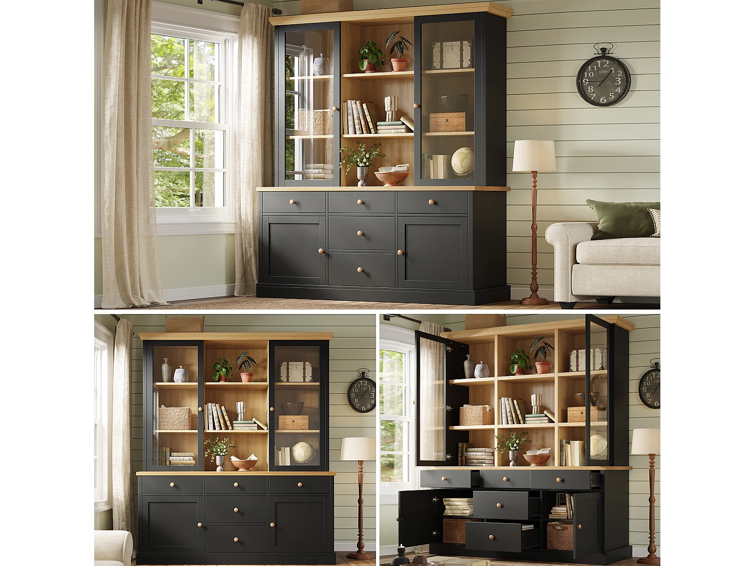 Buffet Haut de Cuisine 140cm - Grand Meuble de Rangement avec 5 Tiroirs, Vitrines, Poignées en Bois et Sécurité Anti-Basculement - Noir
