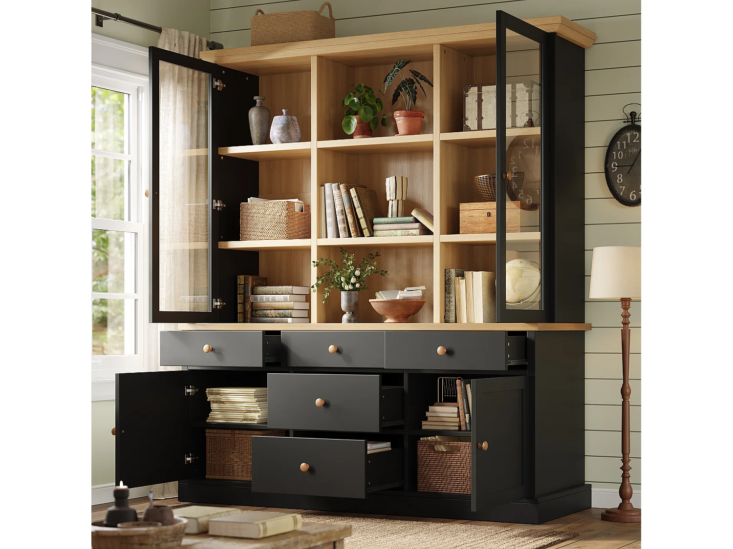 Buffet Haut de Cuisine 140cm - Grand Meuble de Rangement avec 5 Tiroirs, Vitrines, Poignées en Bois et Sécurité Anti-Basculement - Noir