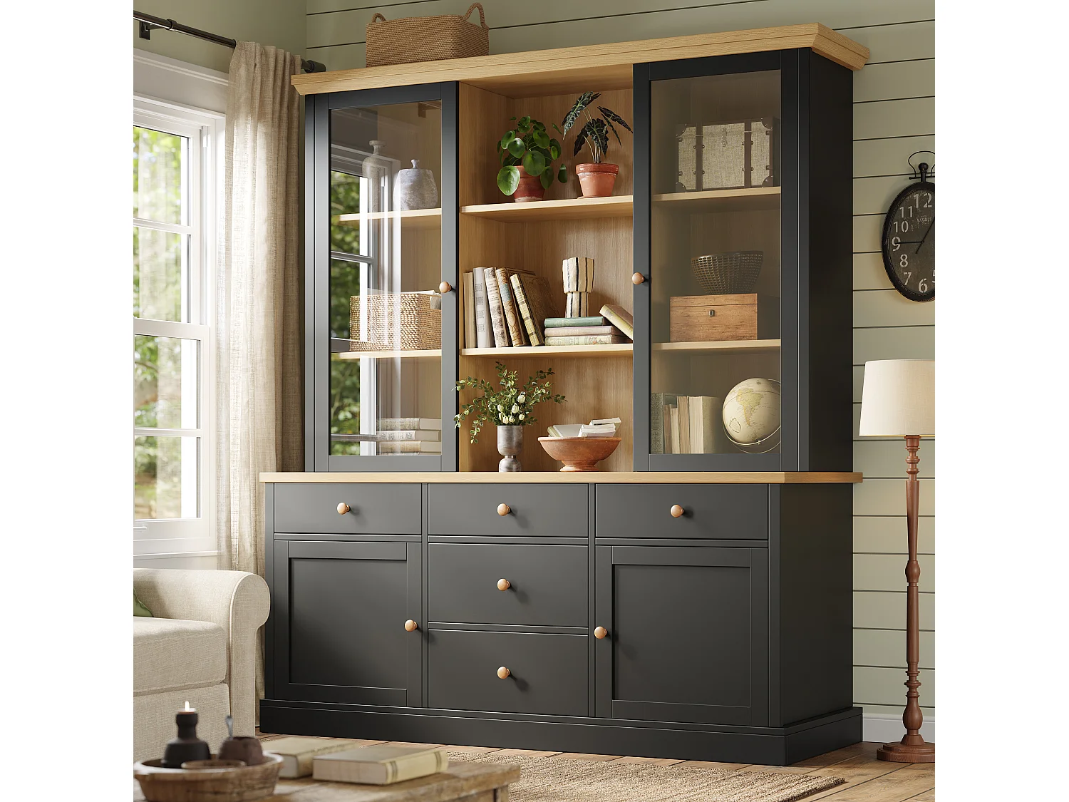Buffet Haut de Cuisine 140cm - Grand Meuble de Rangement avec 5 Tiroirs, Vitrines, Poignées en Bois et Sécurité Anti-Basculement - Noir