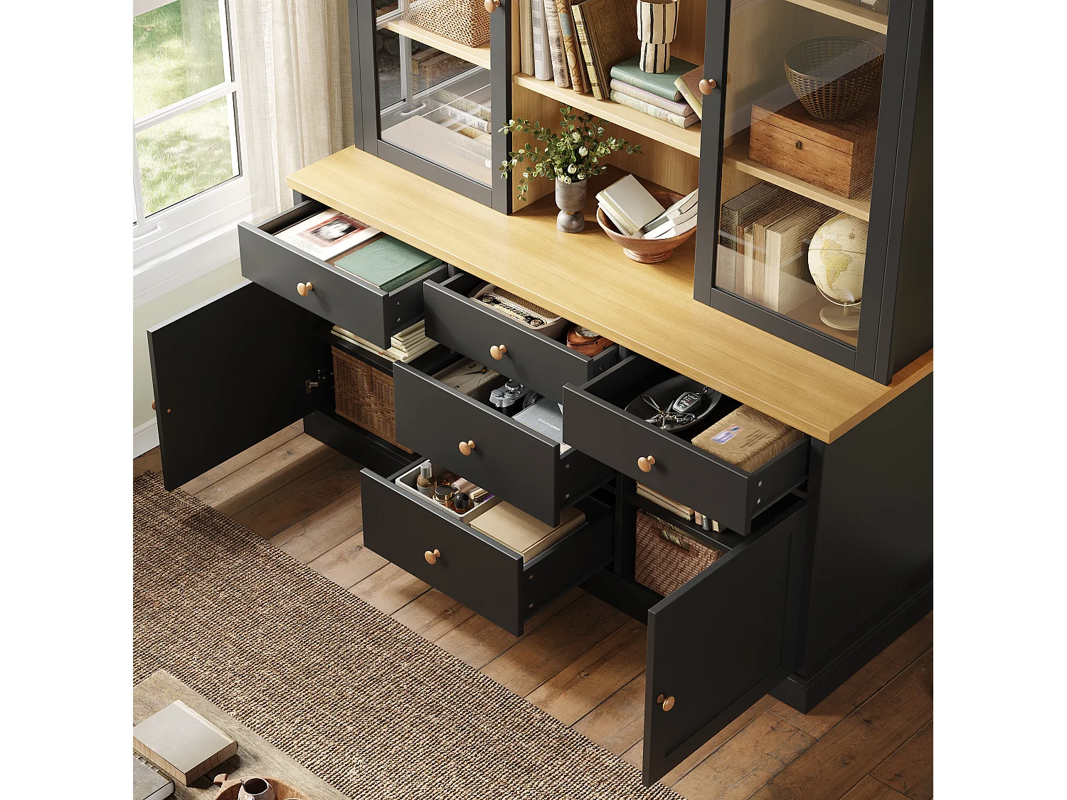 Buffet Haut de Cuisine 140cm - Grand Meuble de Rangement avec 5 Tiroirs, Vitrines, Poignées en Bois et Sécurité Anti-Basculement - Noir