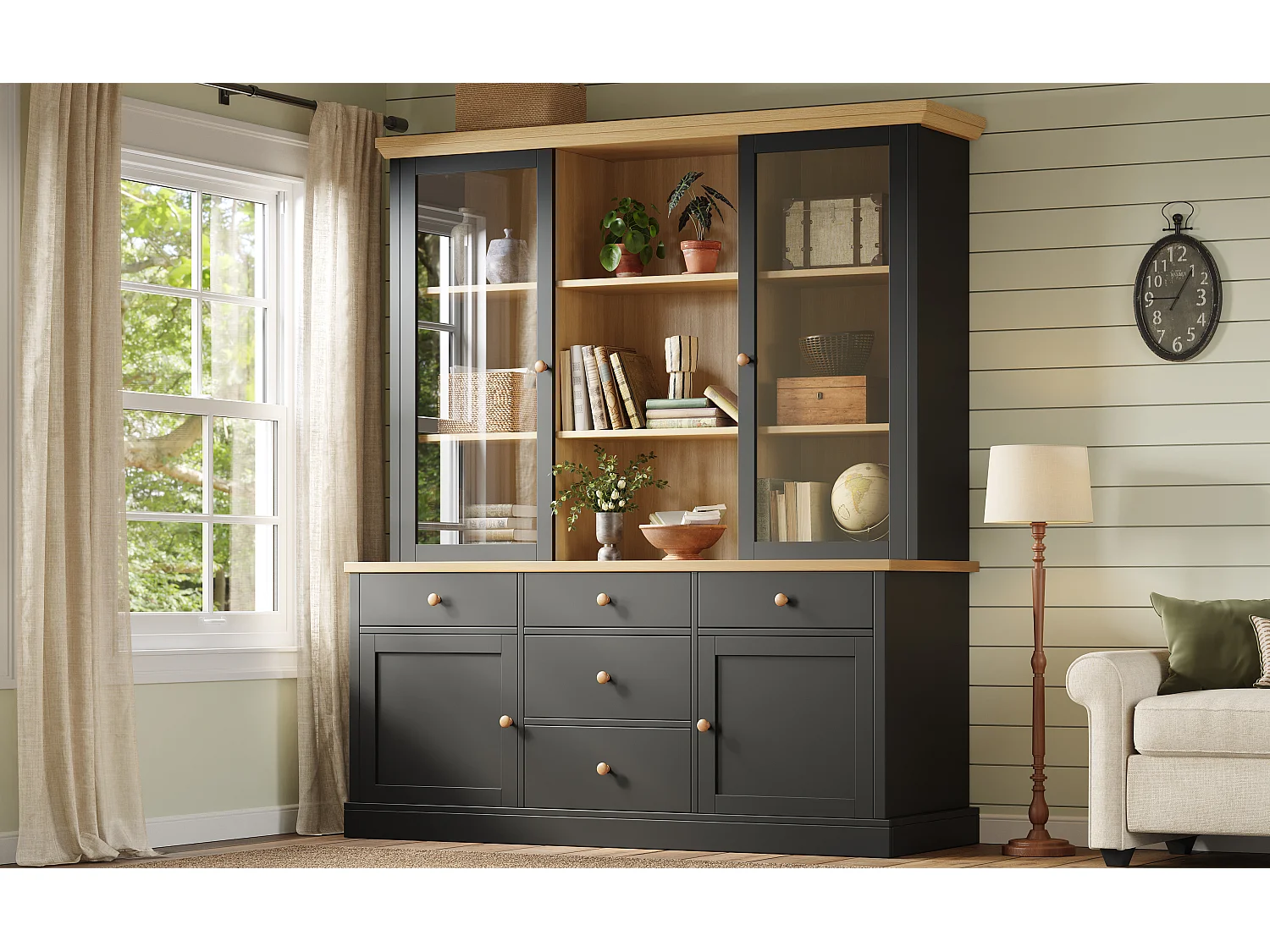 Buffet Haut de Cuisine 140cm - Grand Meuble de Rangement avec 5 Tiroirs, Vitrines, Poignées en Bois et Sécurité Anti-Basculement - Noir