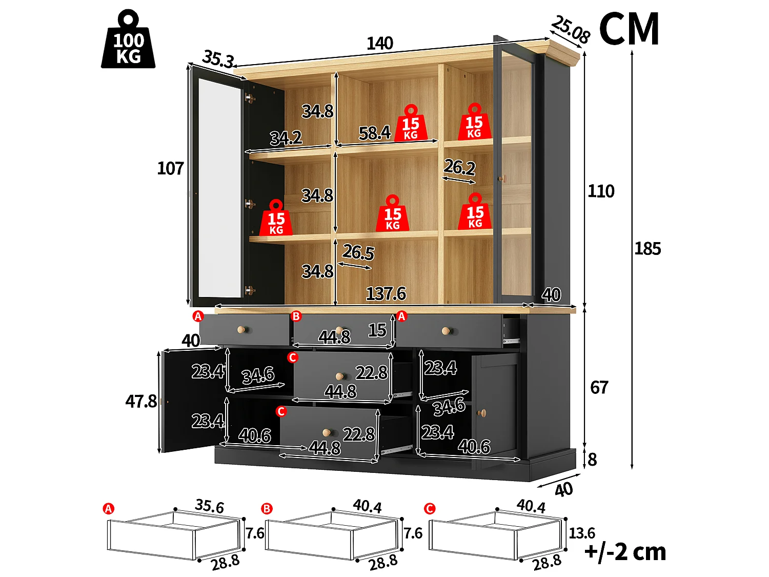 Buffet Haut de Cuisine 140cm - Grand Meuble de Rangement avec 5 Tiroirs, Vitrines, Poignées en Bois et Sécurité Anti-Basculement - Noir