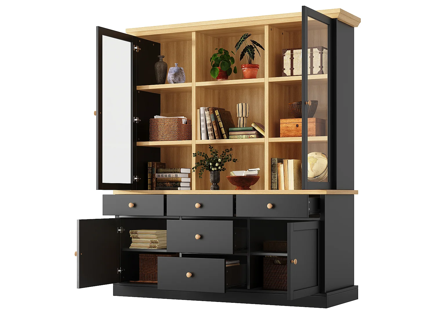 Buffet Haut de Cuisine 140cm - Grand Meuble de Rangement avec 5 Tiroirs, Vitrines, Poignées en Bois et Sécurité Anti-Basculement - Noir