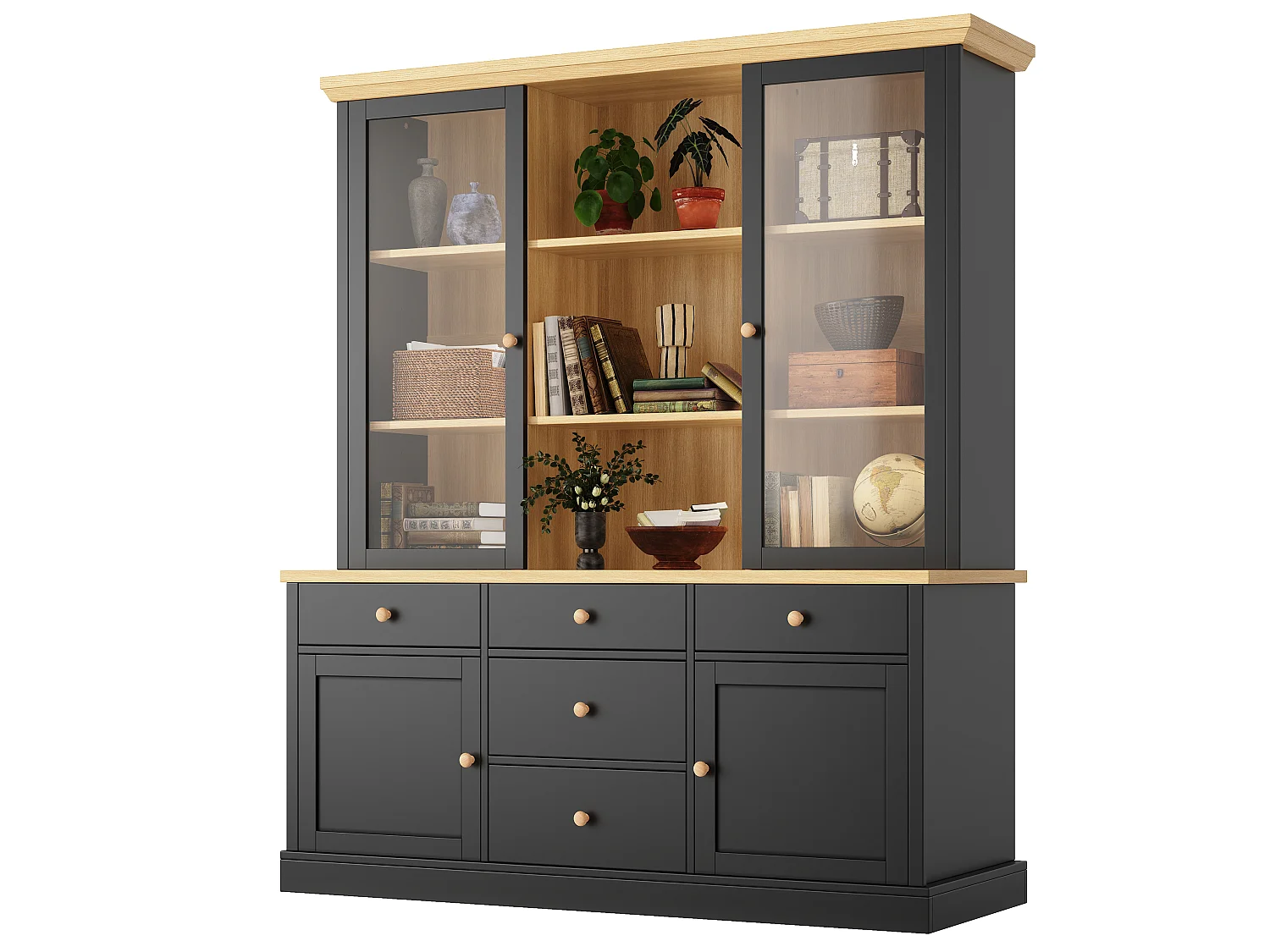 Buffet Haut de Cuisine 140cm - Grand Meuble de Rangement avec 5 Tiroirs, Vitrines, Poignées en Bois et Sécurité Anti-Basculement - Noir