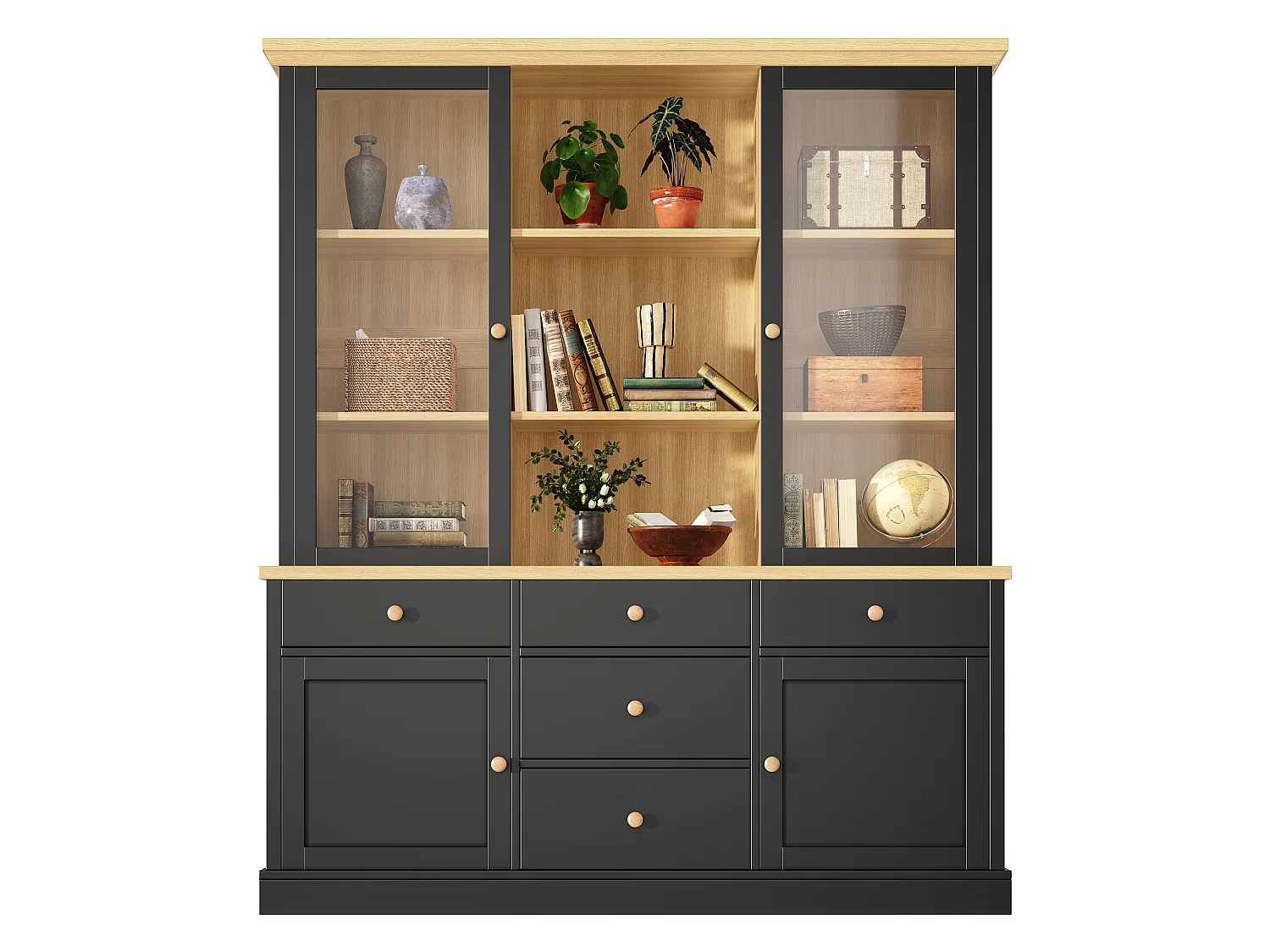 Buffet Haut de Cuisine 140cm - Grand Meuble de Rangement avec 5 Tiroirs, Vitrines, Poignées en Bois et Sécurité Anti-Basculement - Noir