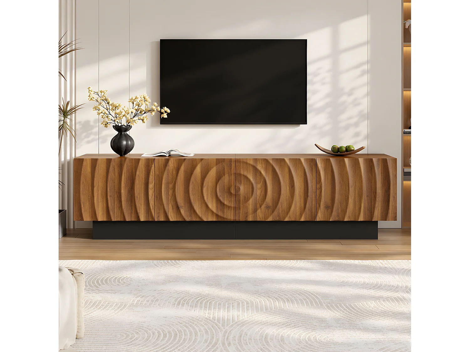 Meuble TV moderne 180 x 40 x 50 cm - 4 portes texturées - Piètement noir et passe-câbles - MDF - Finition marron