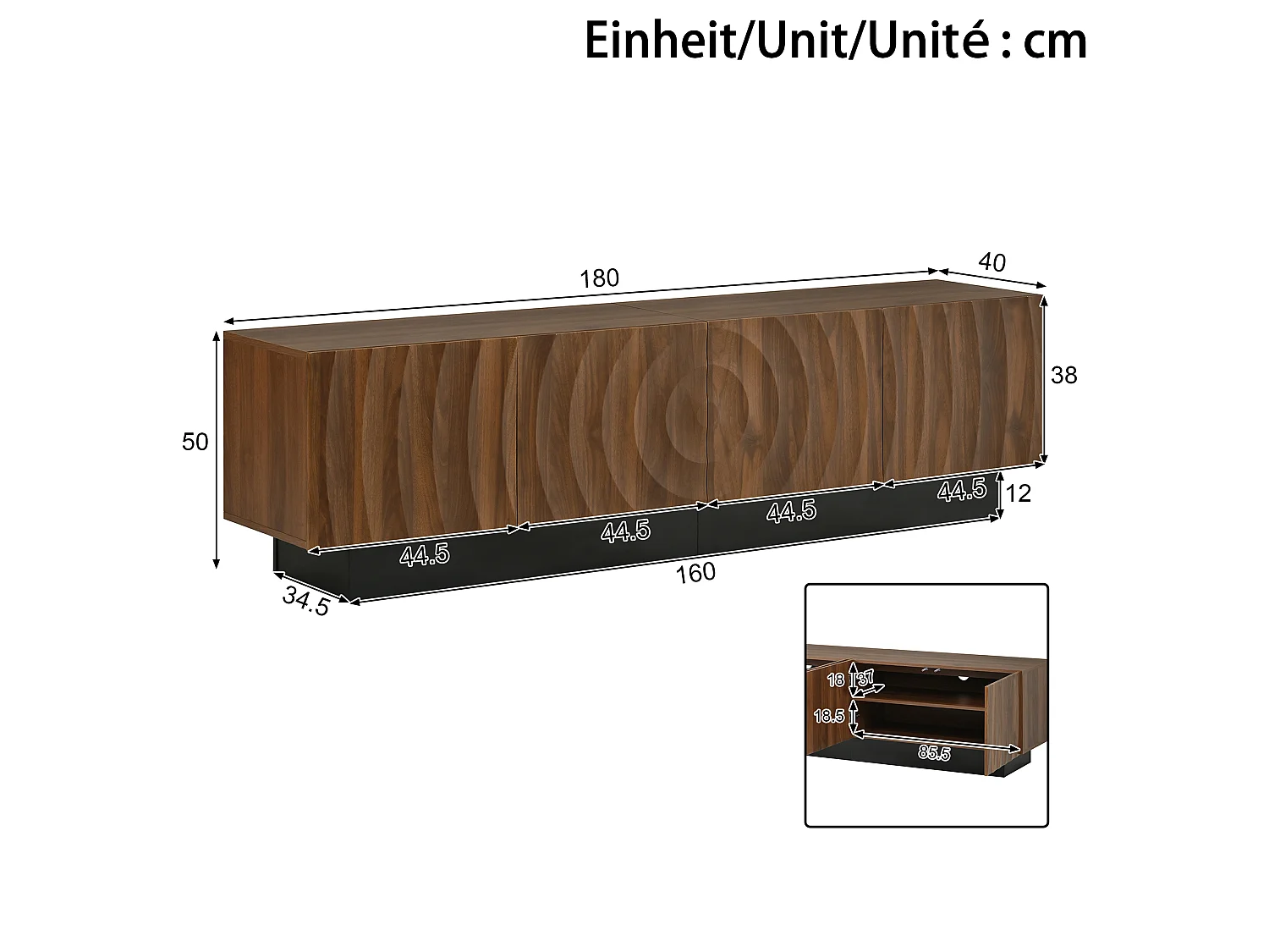 Meuble TV moderne 180 x 40 x 50 cm - 4 portes texturées - Piètement noir et passe-câbles - MDF - Finition marron