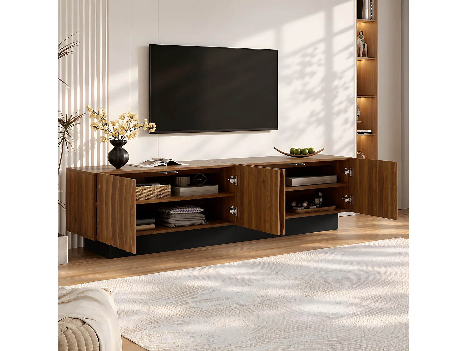 Meuble TV moderne 180 x 40 x 50 cm - 4 portes texturées - Piètement noir et passe-câbles - MDF - Finition marron