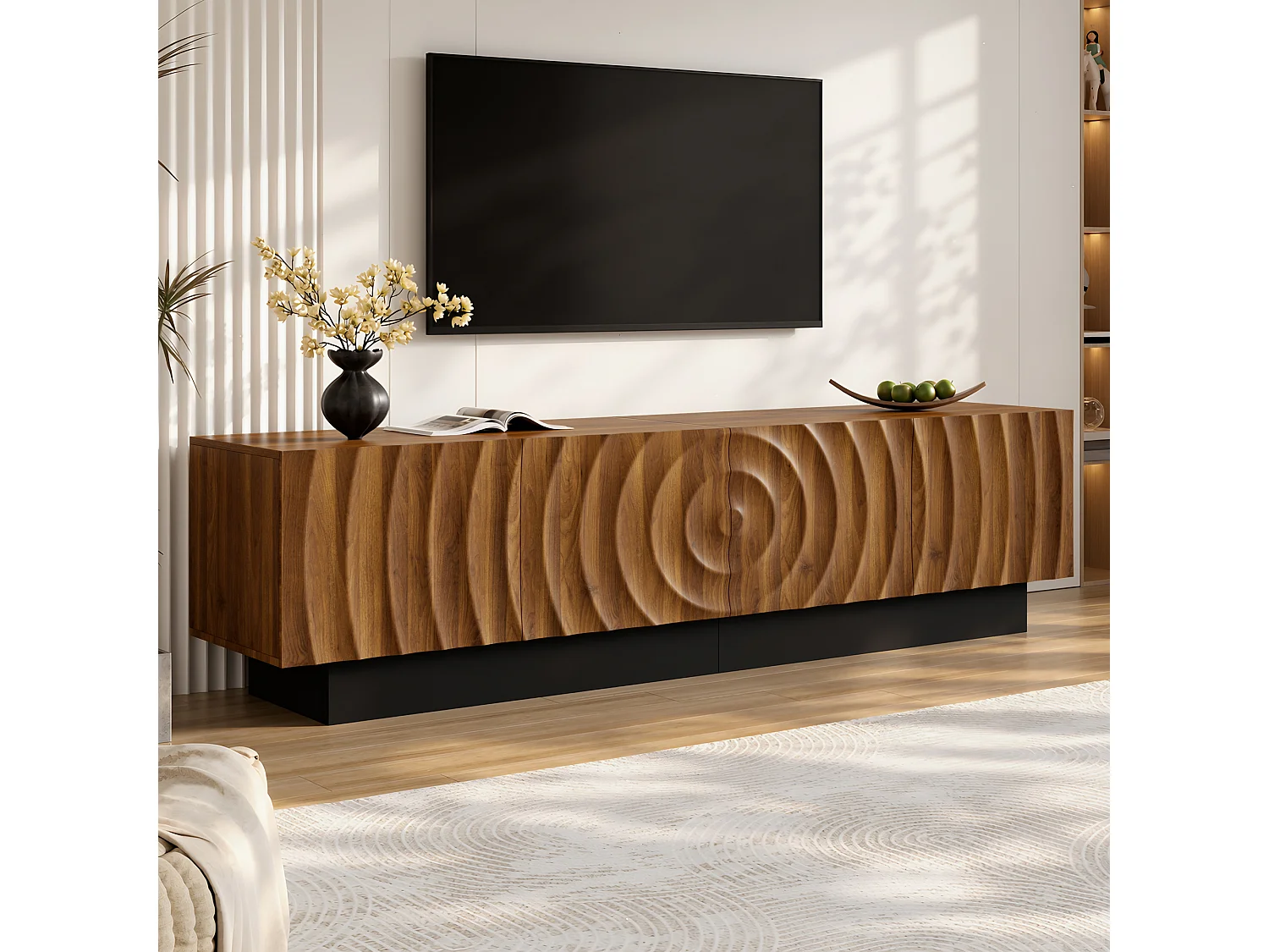 Meuble TV moderne 180 x 40 x 50 cm - 4 portes texturées - Piètement noir et passe-câbles - MDF - Finition marron