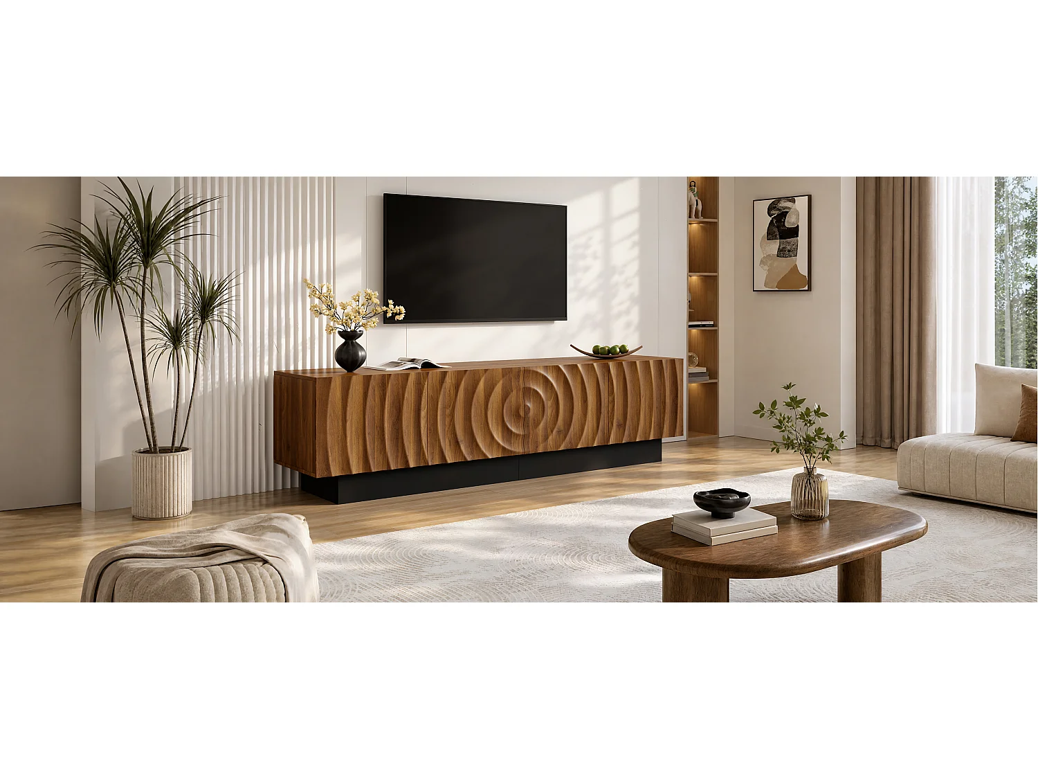Meuble TV moderne 180 x 40 x 50 cm - 4 portes texturées - Piètement noir et passe-câbles - MDF - Finition marron