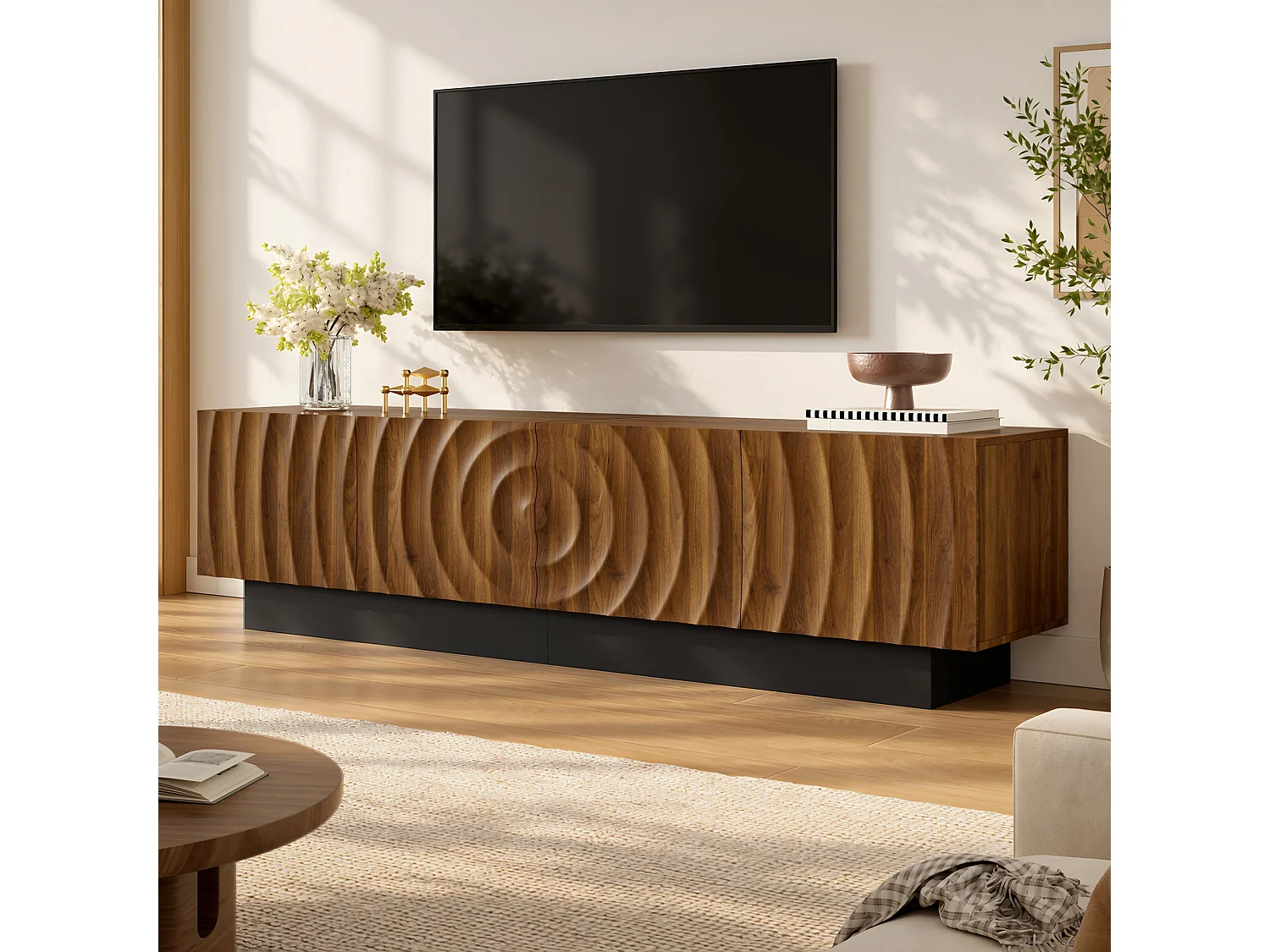 Meuble TV moderne 180 x 40 x 50 cm - 4 portes texturées - Piètement noir et passe-câbles - MDF - Finition marron