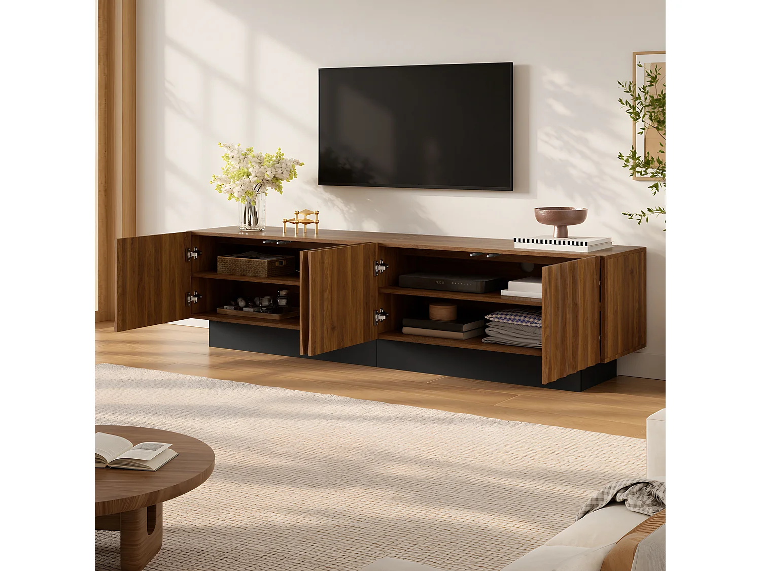 Meuble TV moderne 180 x 40 x 50 cm - 4 portes texturées - Piètement noir et passe-câbles - MDF - Finition marron