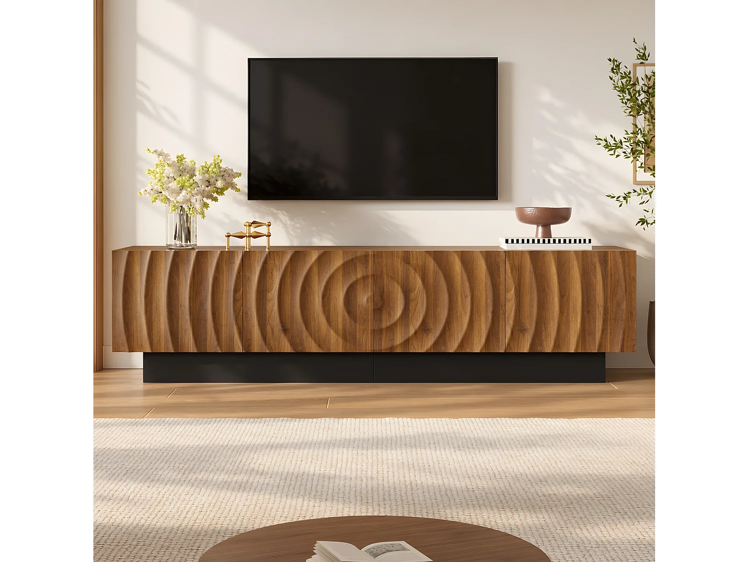 Meuble TV moderne 180 x 40 x 50 cm - 4 portes texturées - Piètement noir et passe-câbles - MDF - Finition marron