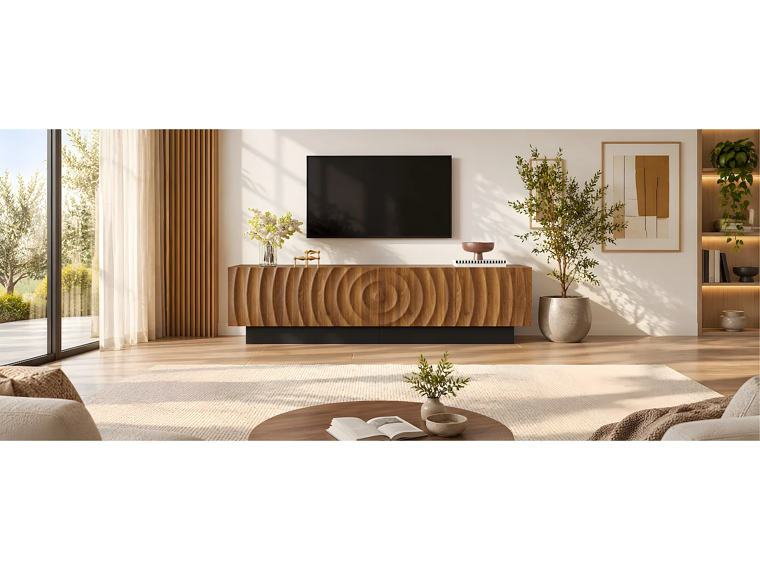 Meuble TV moderne 180 x 40 x 50 cm - 4 portes texturées - Piètement noir et passe-câbles - MDF - Finition marron