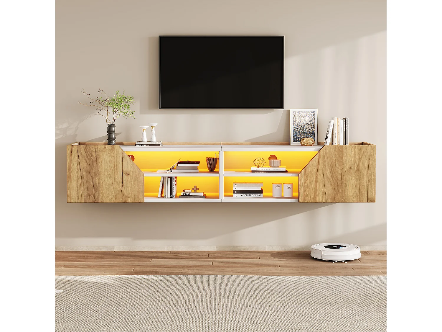 Wand-TV-Schrank 180x36,5x40 cm – Mit LED-Band – 2 Türen und 6 Aufbewahrungsfächer – MDF – Natur und Weiß