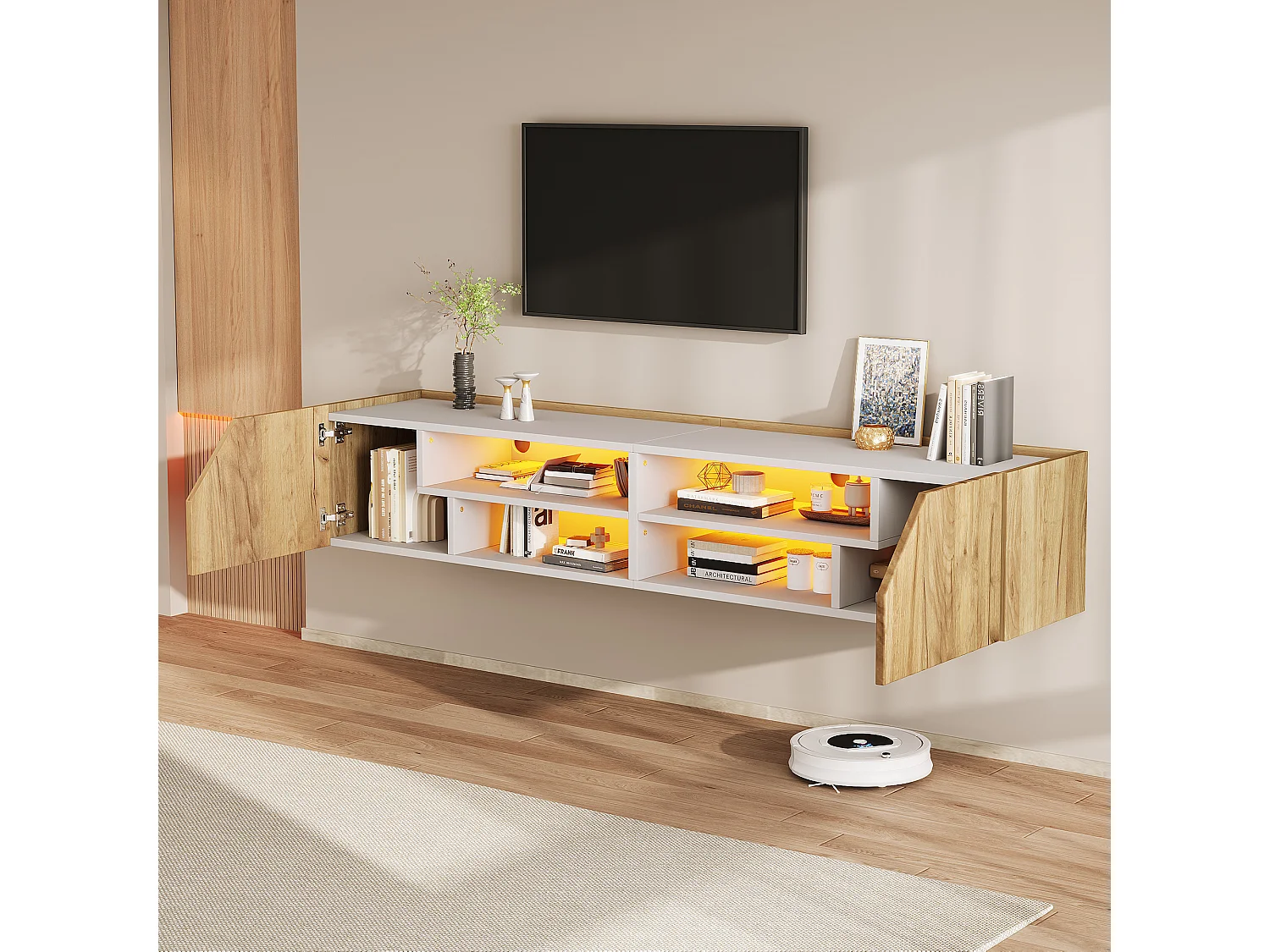 Wand-TV-Schrank 180x36,5x40 cm – Mit LED-Band – 2 Türen und 6 Aufbewahrungsfächer – MDF – Natur und Weiß