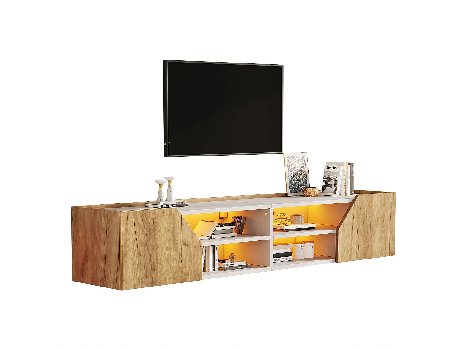 Wand-TV-Schrank 180x36,5x40 cm – Mit LED-Band – 2 Türen und 6 Aufbewahrungsfächer – MDF – Natur und Weiß